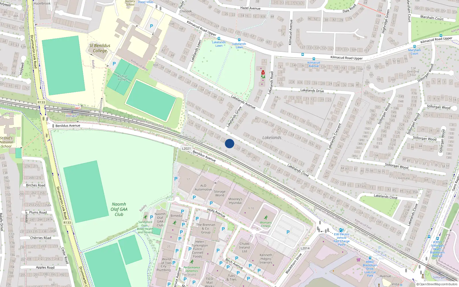 Overhead map showing the location of 26 Lakelands Close, Dublin