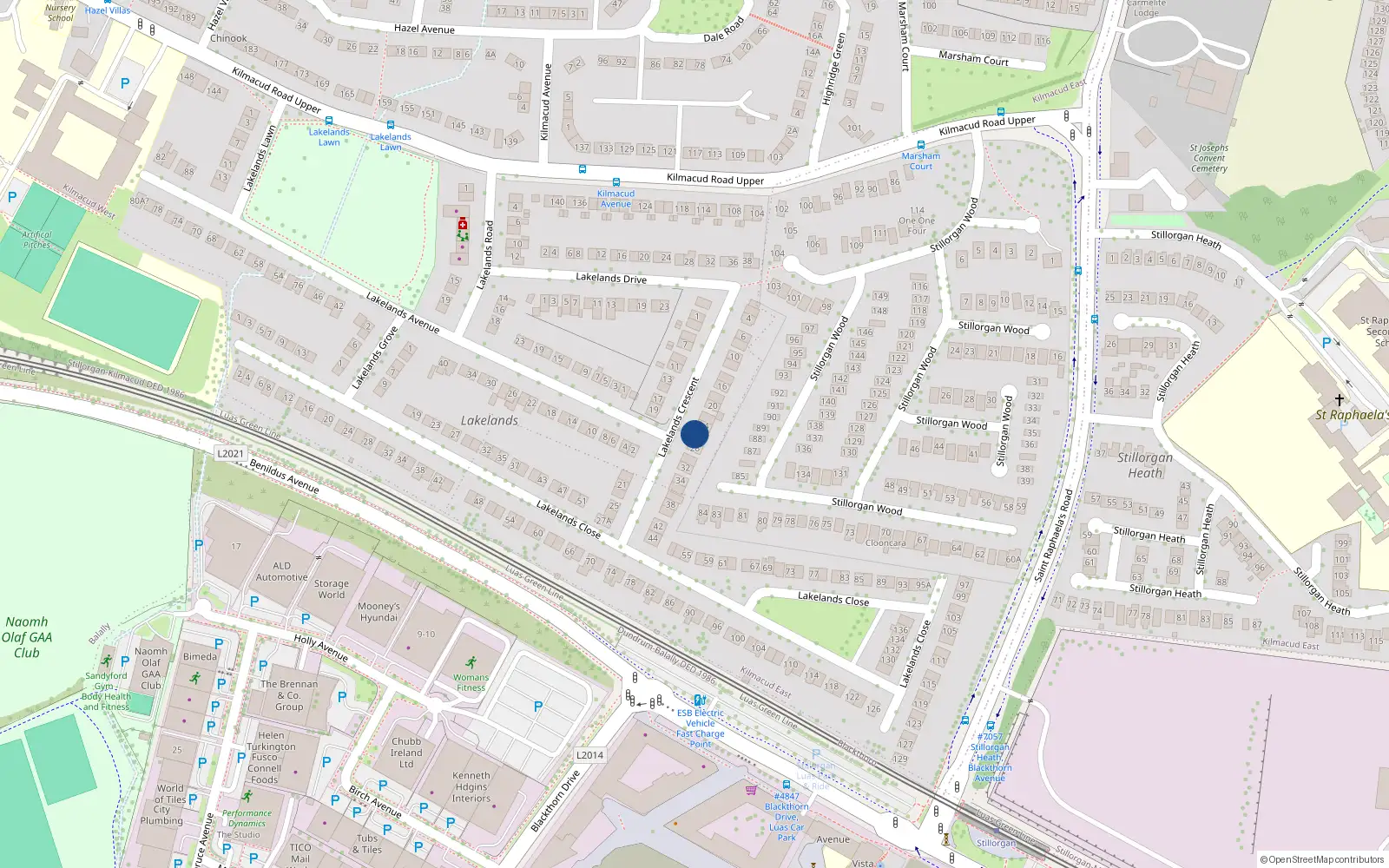 Overhead map showing the location of 26 Lakelands Crescent, Kilmacud, Co Dublin