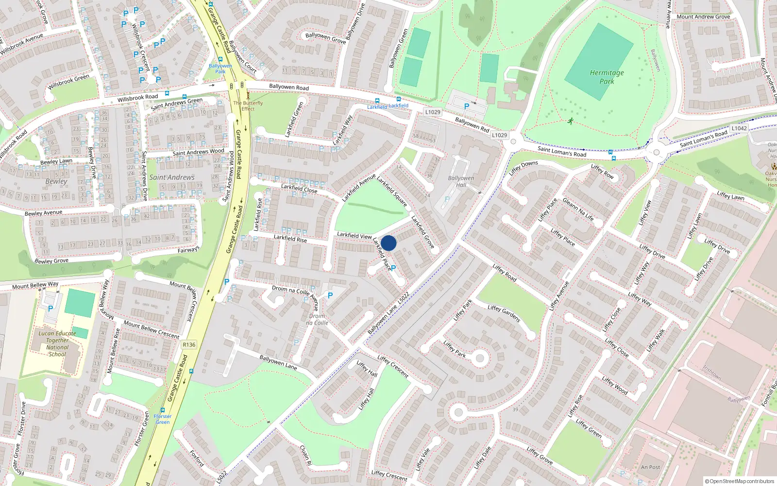Overhead map showing the location of 26 Larkfield View, Lucan, Dublin