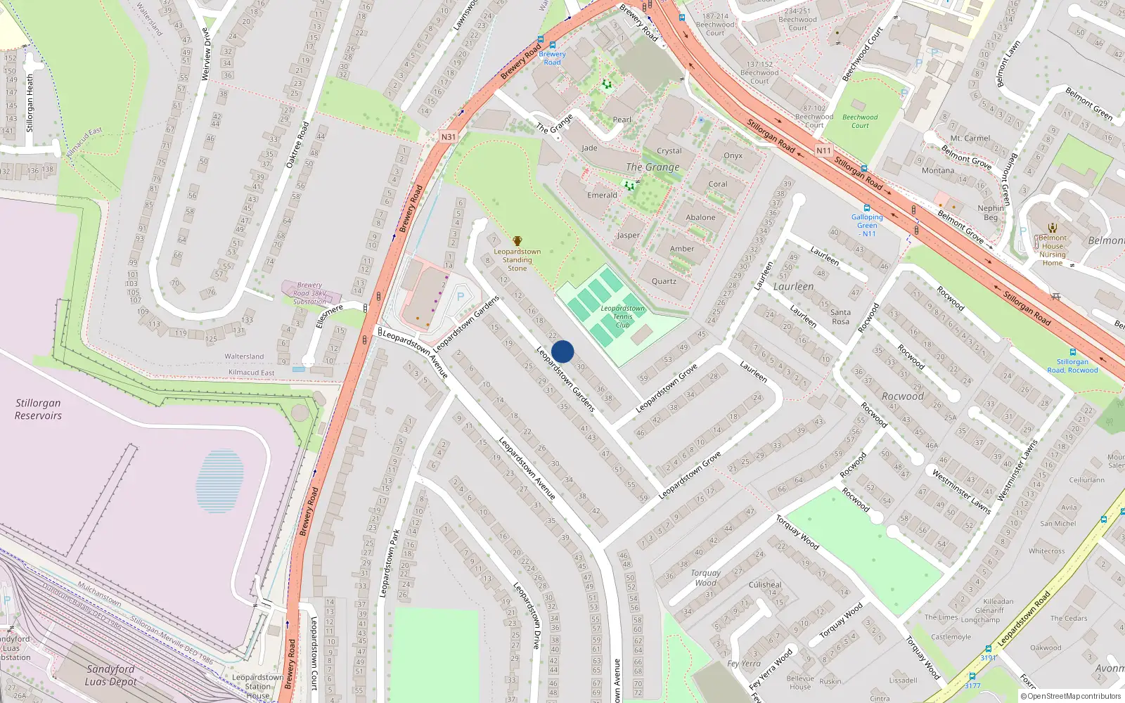 Overhead map showing the location of 26 Leopardstown Gardens, Dublin