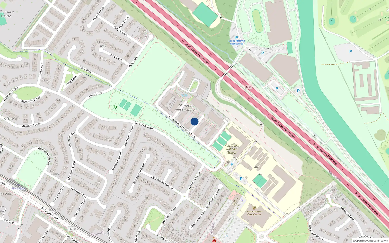 Overhead map showing the location of 26 Levmoss Avenue, Sandyford