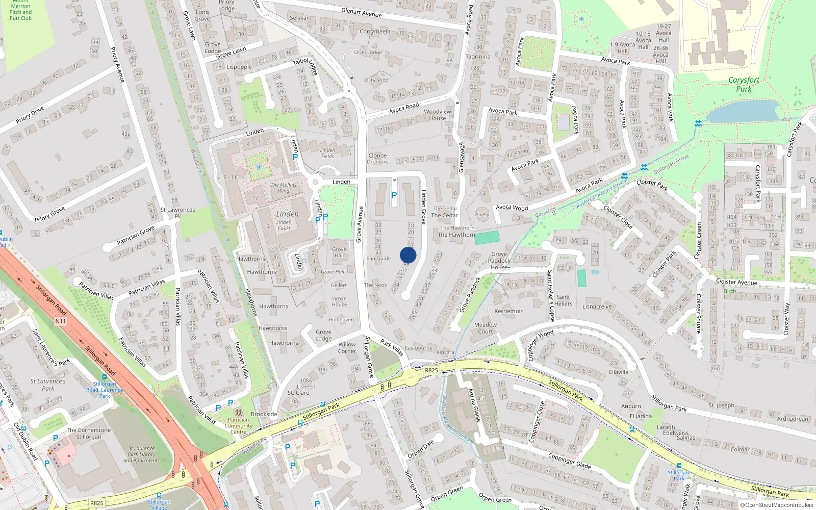 Overhead map showing the location of 26 Linden Grove, Dublin