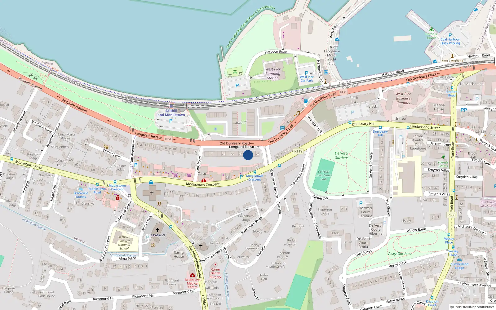 Overhead map showing the location of 26 Longford Terrace, Monkstown, Dublin