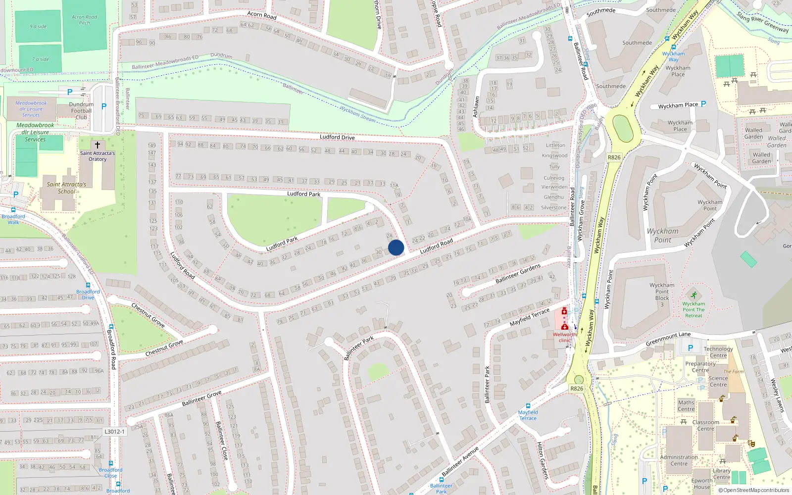Overhead map showing the location of 26 Ludford Road, Dublin 16