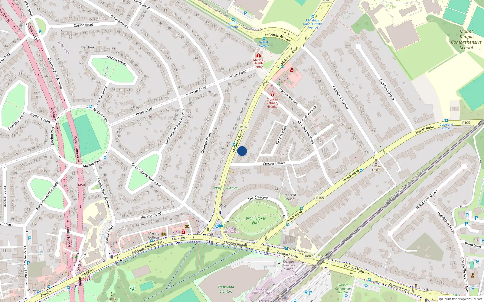 Overhead map showing the location of 26 Malahide Road, Dublin 3