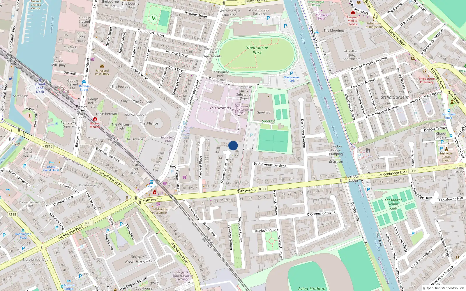 Overhead map showing the location of 26 Malone Gardens, Sandymount