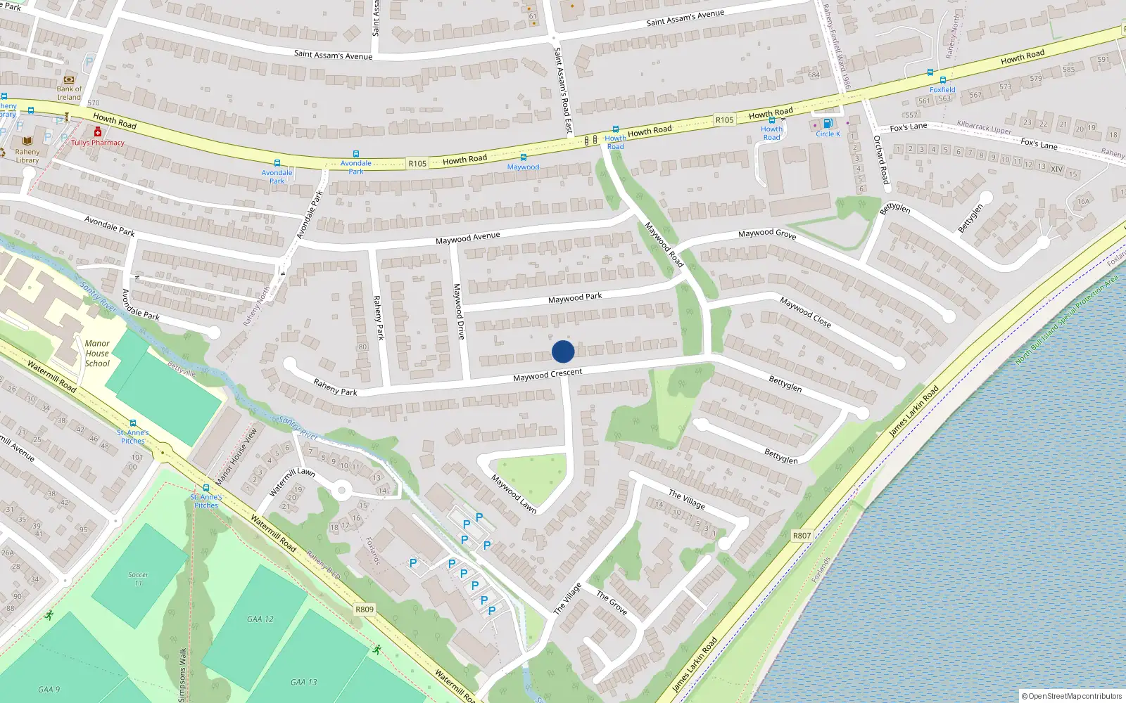 Overhead map showing the location of 26 Maywood Crescent, Dublin 5