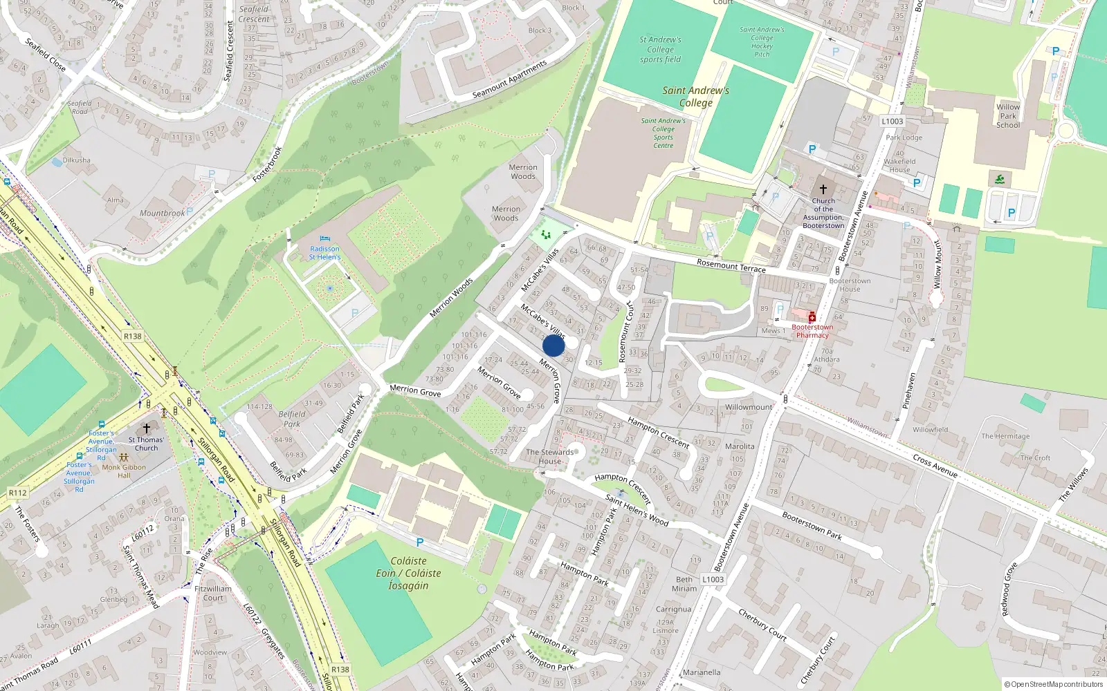 Overhead map showing the location of 26 McCabe's Villas, Booterstown