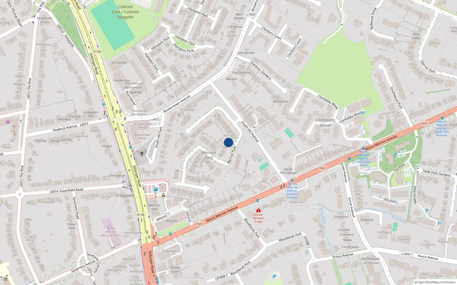Overhead map showing the location of 26 Merrion Park, Blackrock