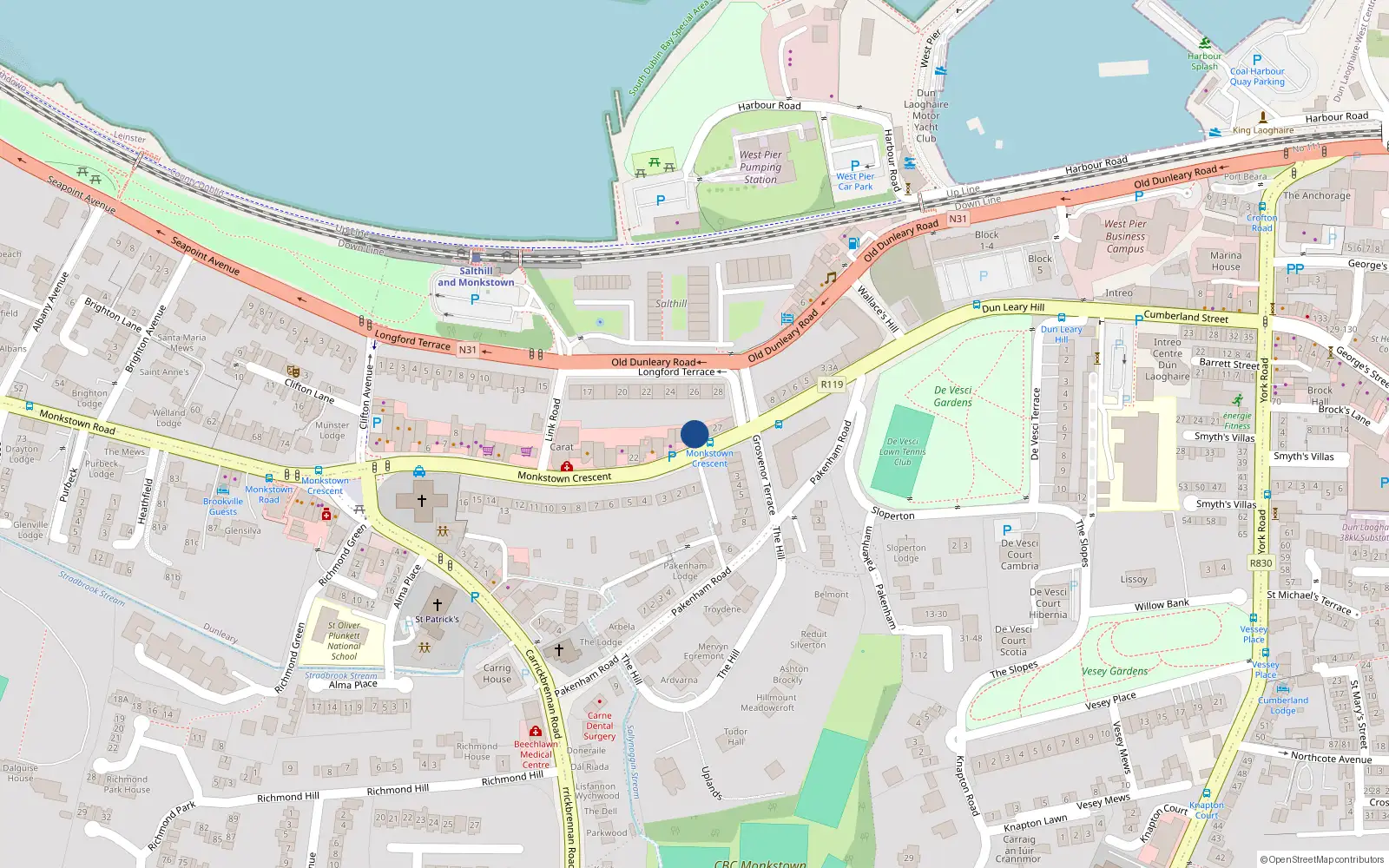 Overhead map showing the location of 26 Monkstown Crescent, Monkstown