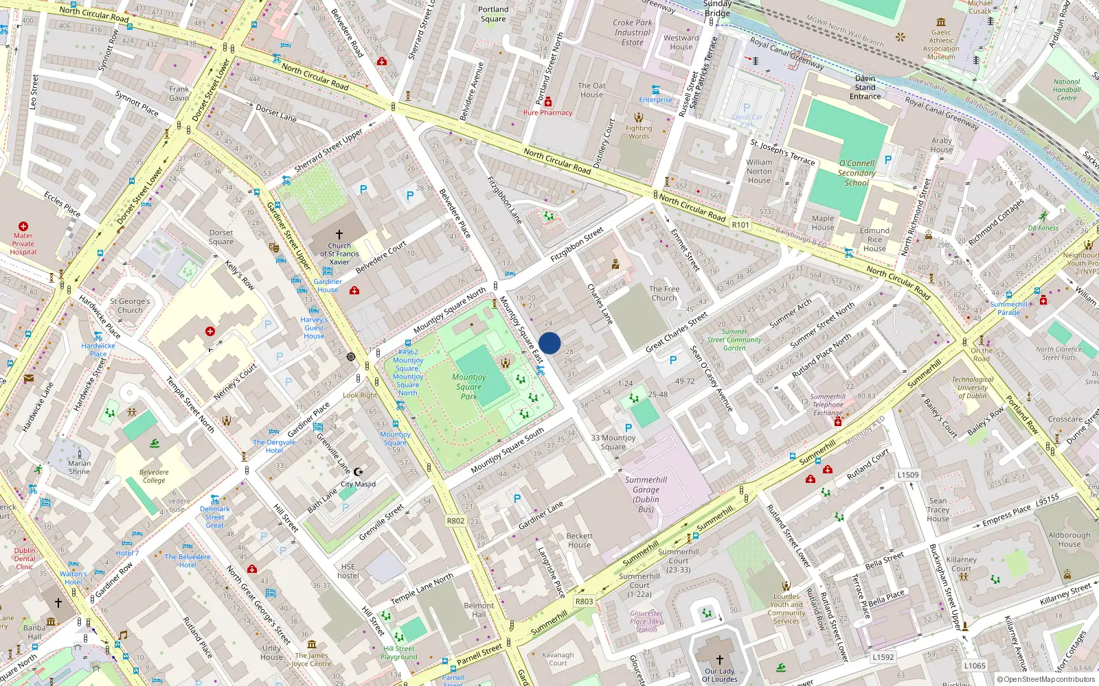 Overhead map showing the location of 26 Mountjoy Square East, Dublin 1