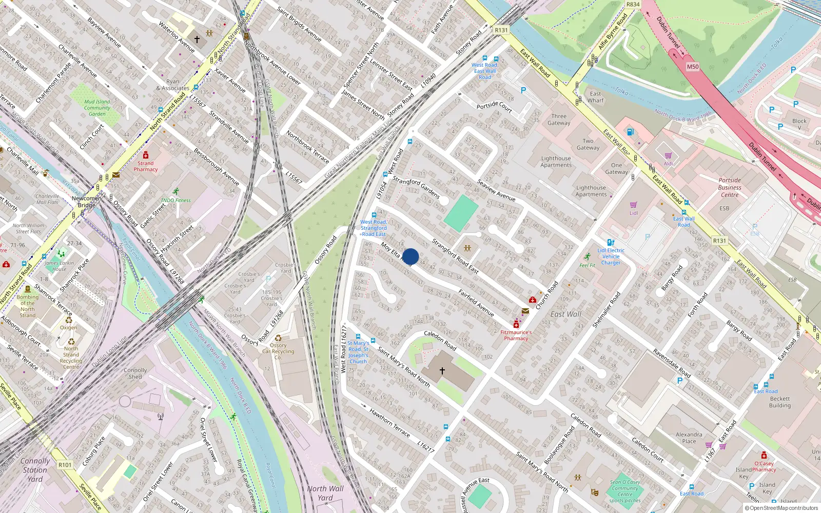 Overhead map showing the location of 26 Moy Elta Road, East Wall, Dublin 3