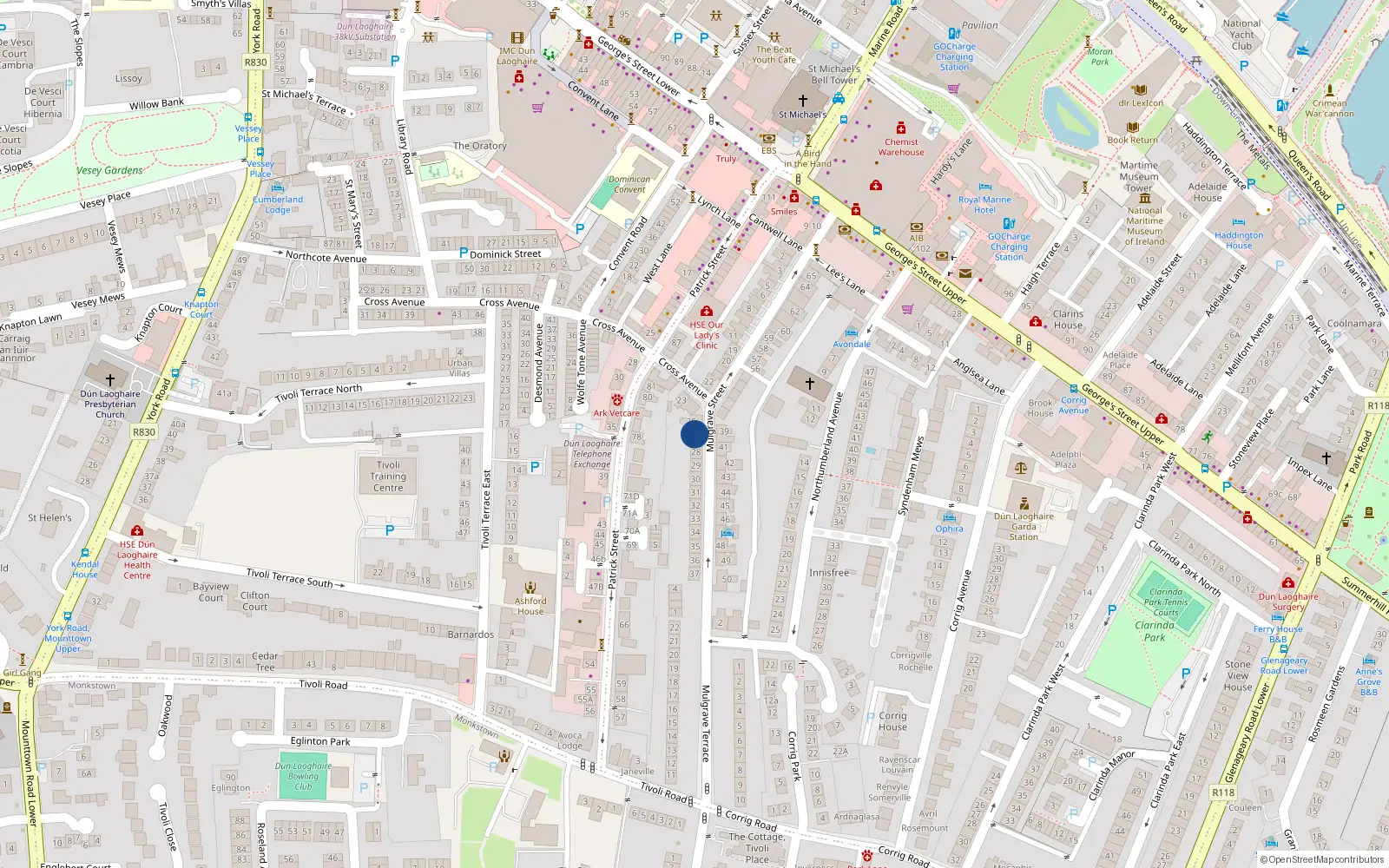 Overhead map showing the location of 26 Mulgrave St, Dun Laoghaire, Dublin
