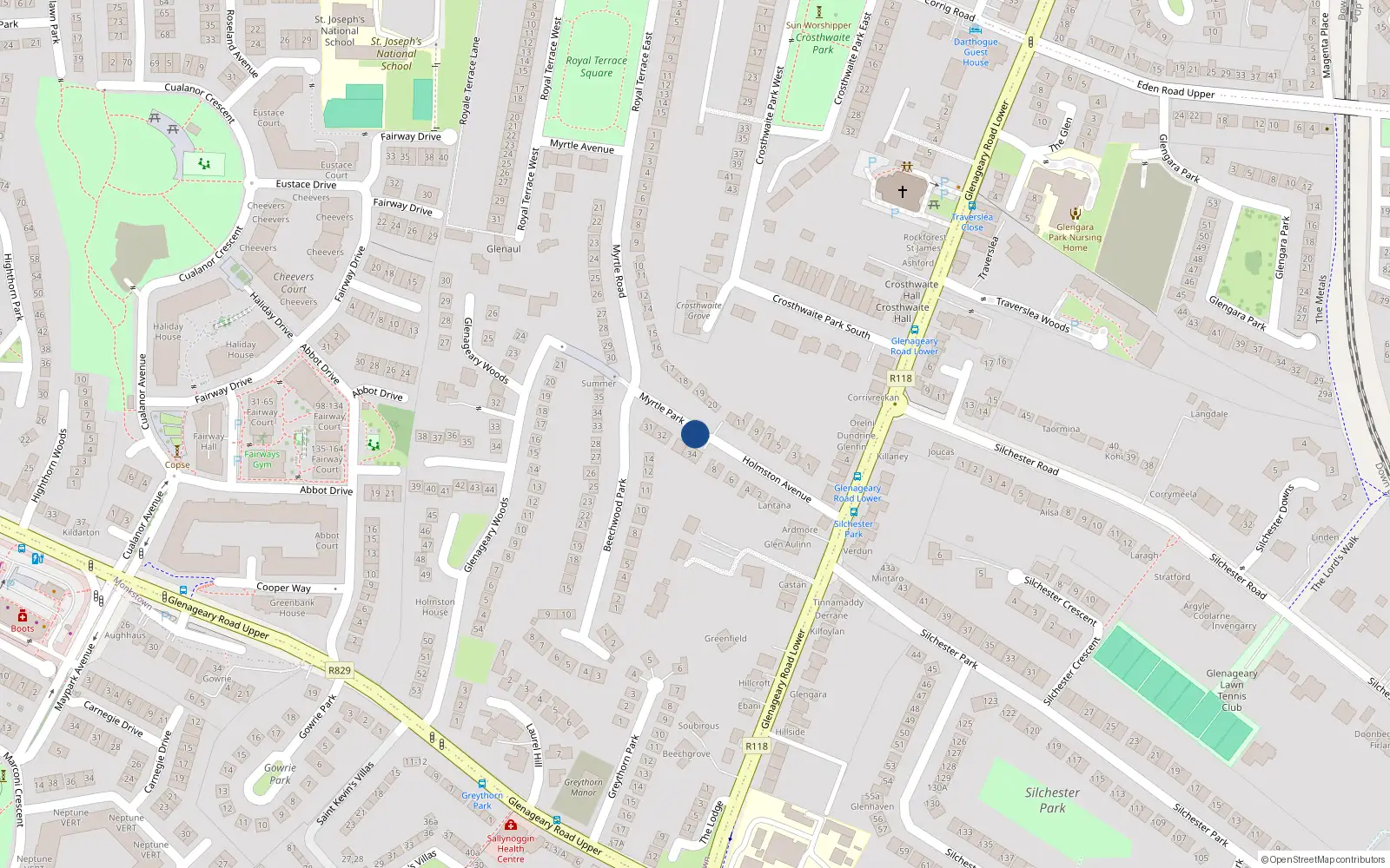 Overhead map showing the location of 26 Myrtle Park, Dún Laoghaire