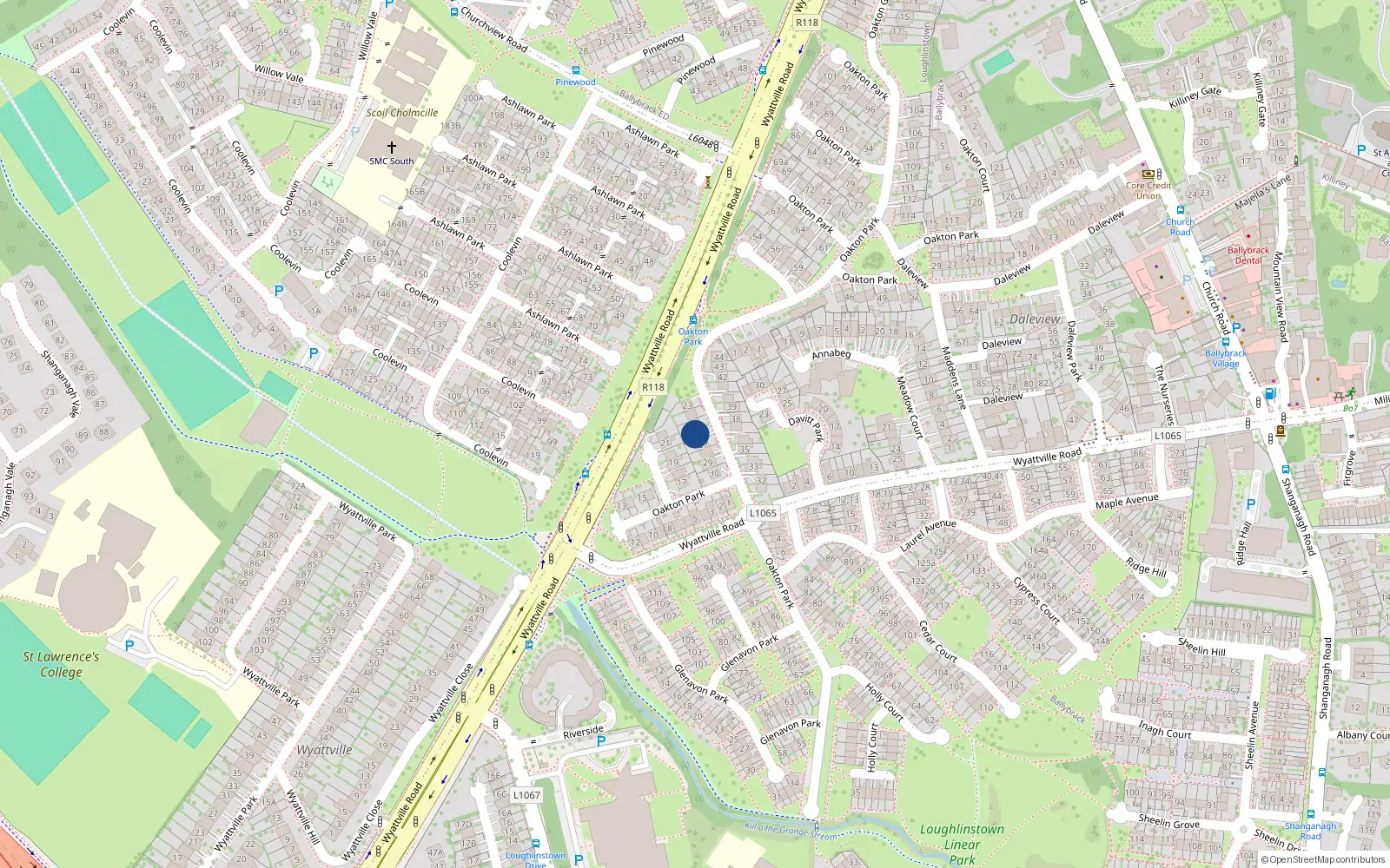 Overhead map showing the location of 26 Oakton Park, Ballybrack, Dublin