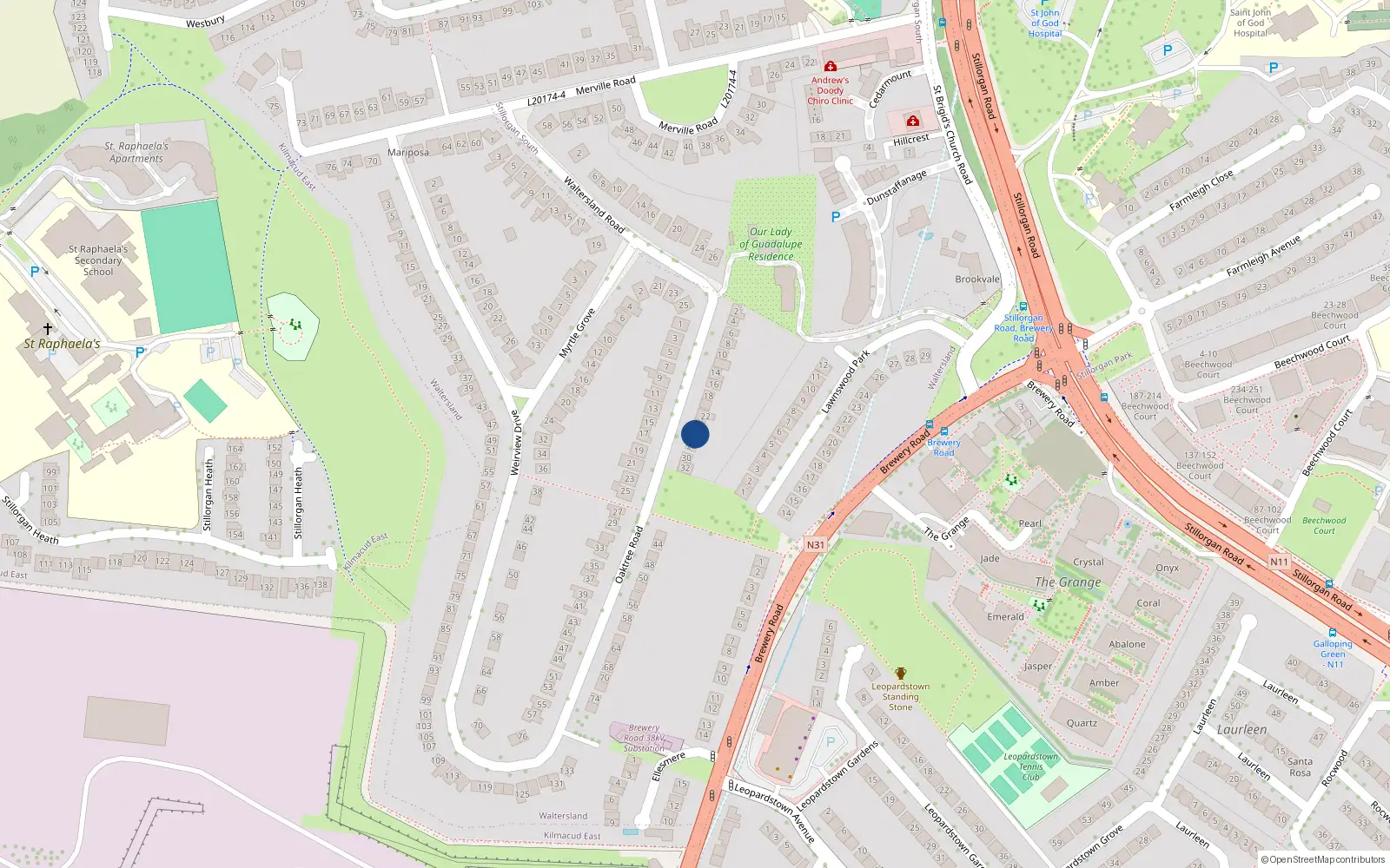 Overhead map showing the location of 26 Oaktree Road, Stillorgan