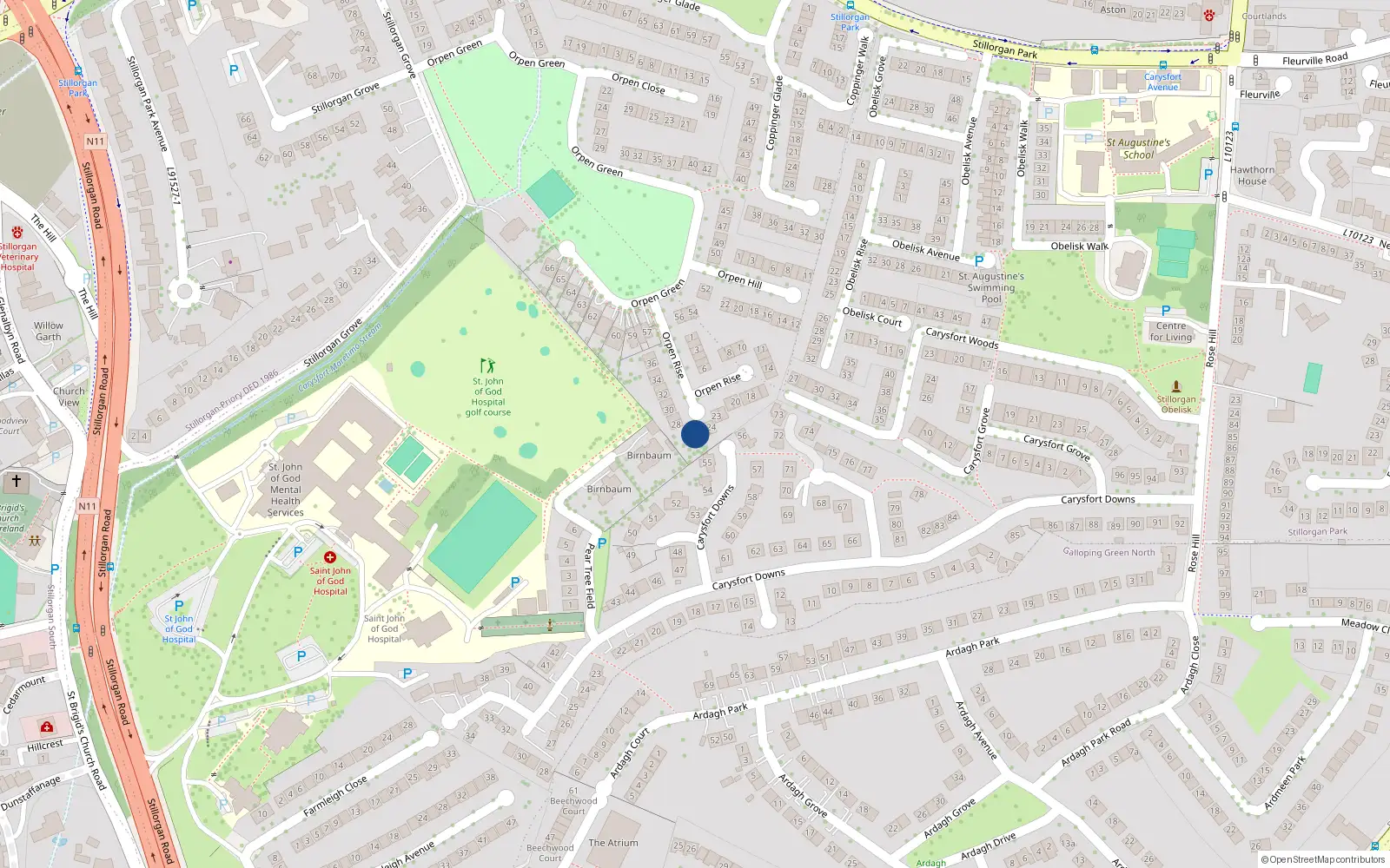 Overhead map showing the location of 26 Orpen Rise, Stillorgan, Dublin
