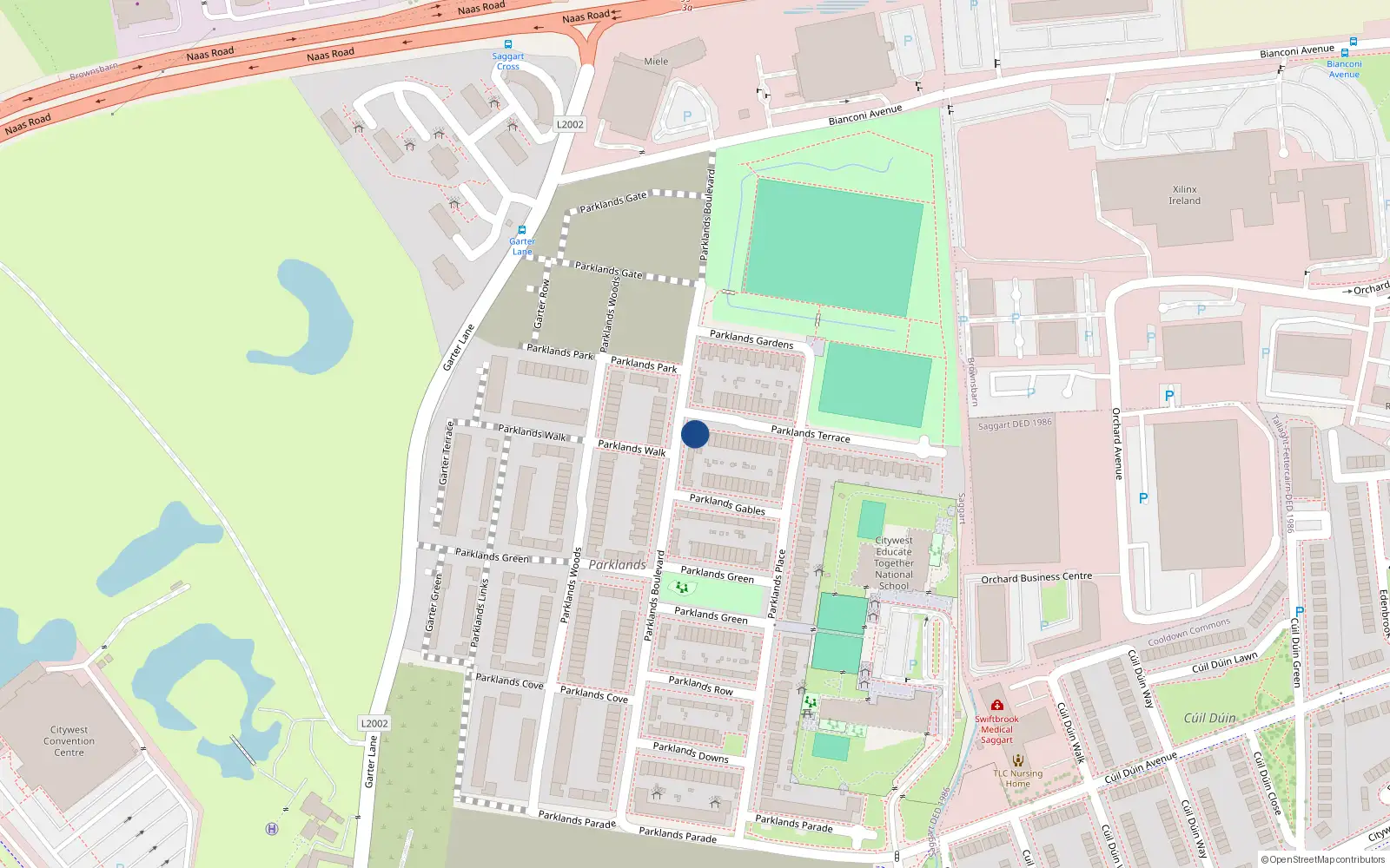 Overhead map showing the location of 26 Parklands Boulevard, Saggart