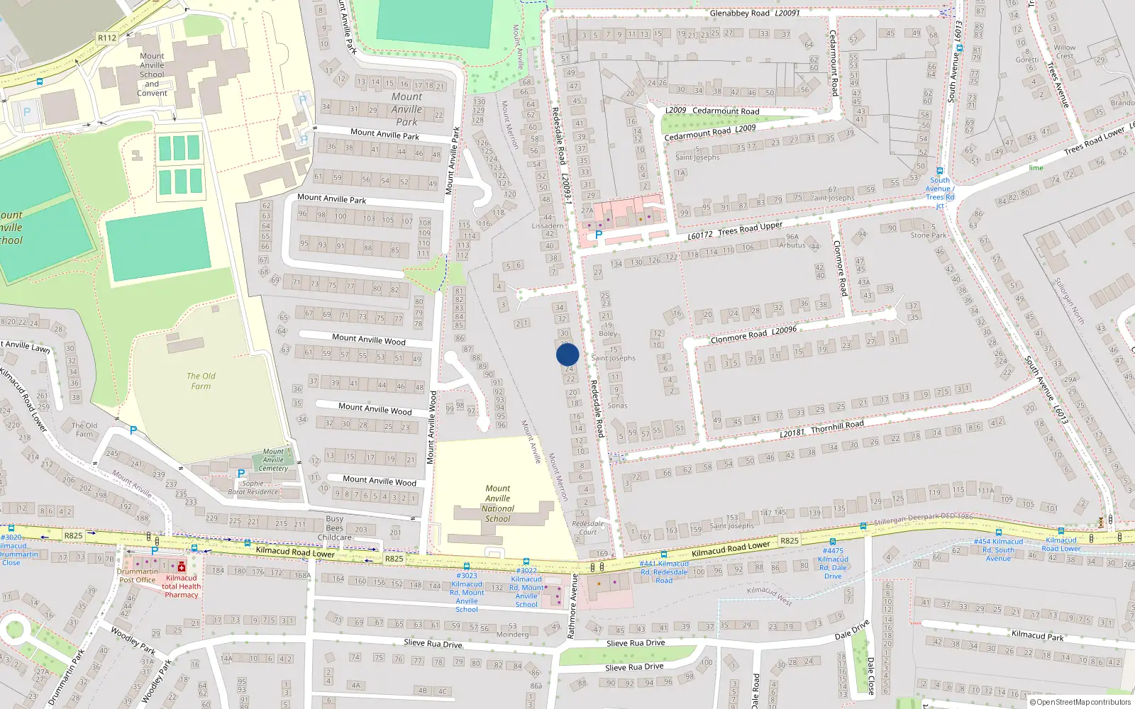 Overhead map showing the location of 26 Redesdale Road, Blackrock