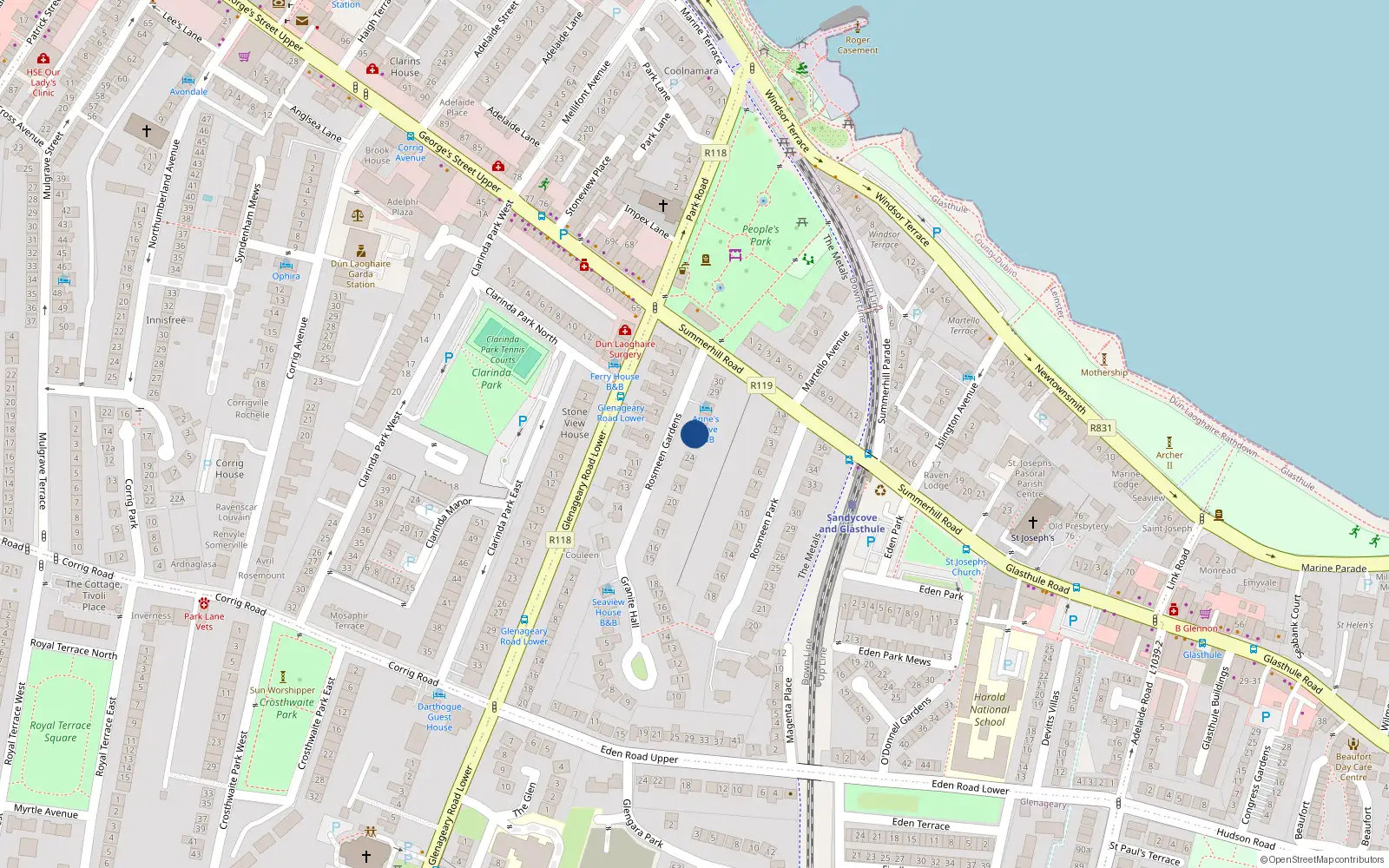 Overhead map showing the location of 26 Rosmeen Gardens, Dun Laoghaire, Dublin