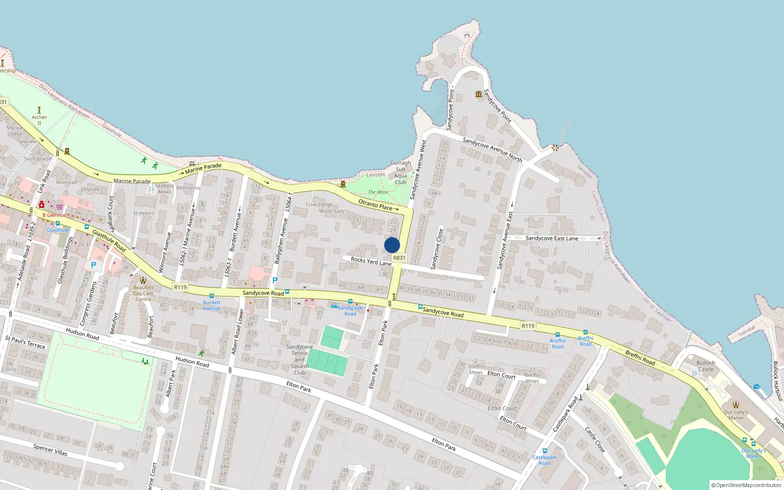 Overhead map showing the location of 26 Sandycove Avenue West, Dublin