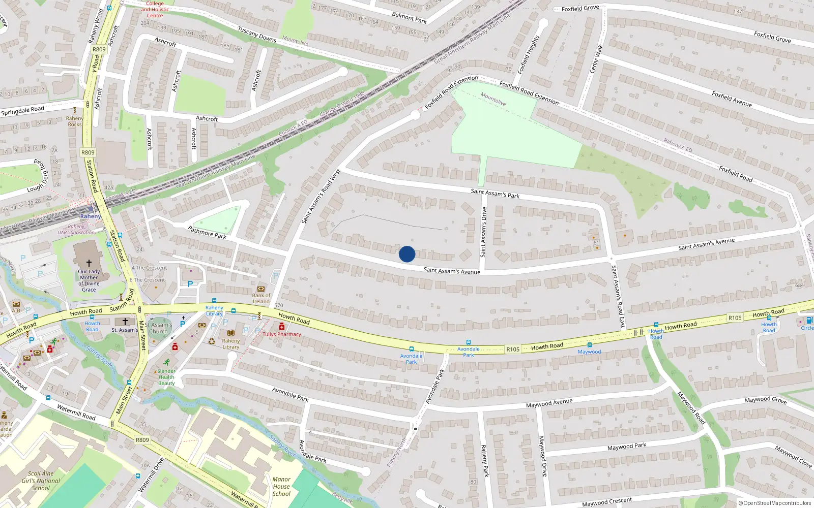 Overhead map showing the location of 26 St Assams Avenue, Raheny, Dublin 5