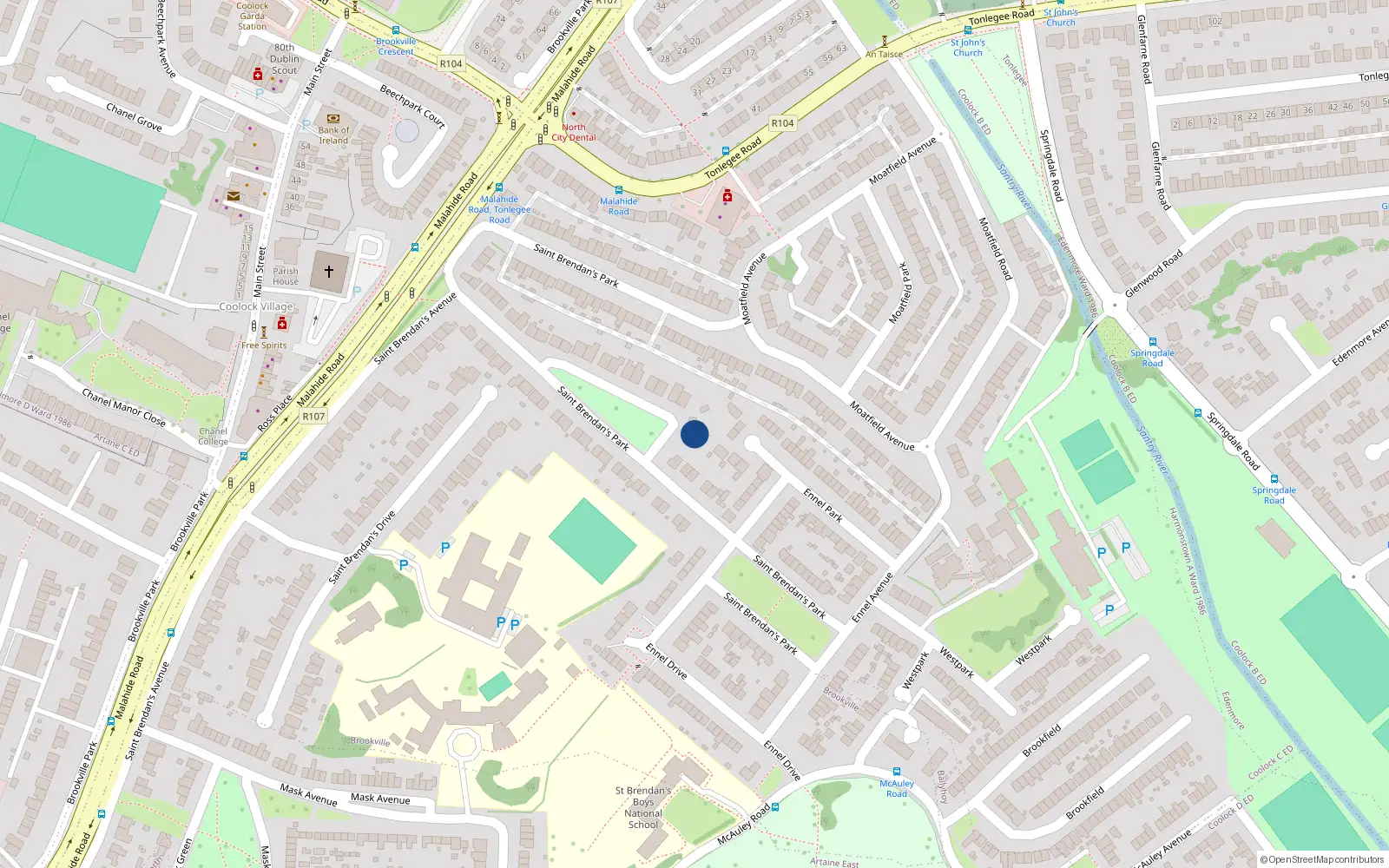 Overhead map showing the location of 26 St. Brendans Park, Coolock