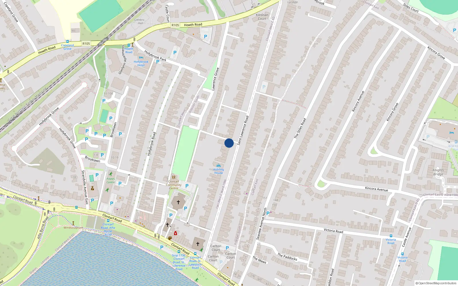 Overhead map showing the location of 26 St Lawrence Road, Clontarf