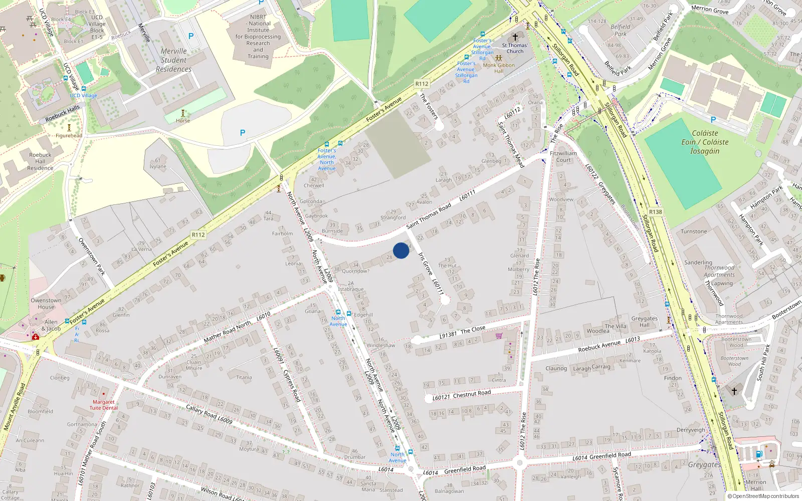 Overhead map showing the location of 26 St Thomas Road, Mount Merrion, Dublin