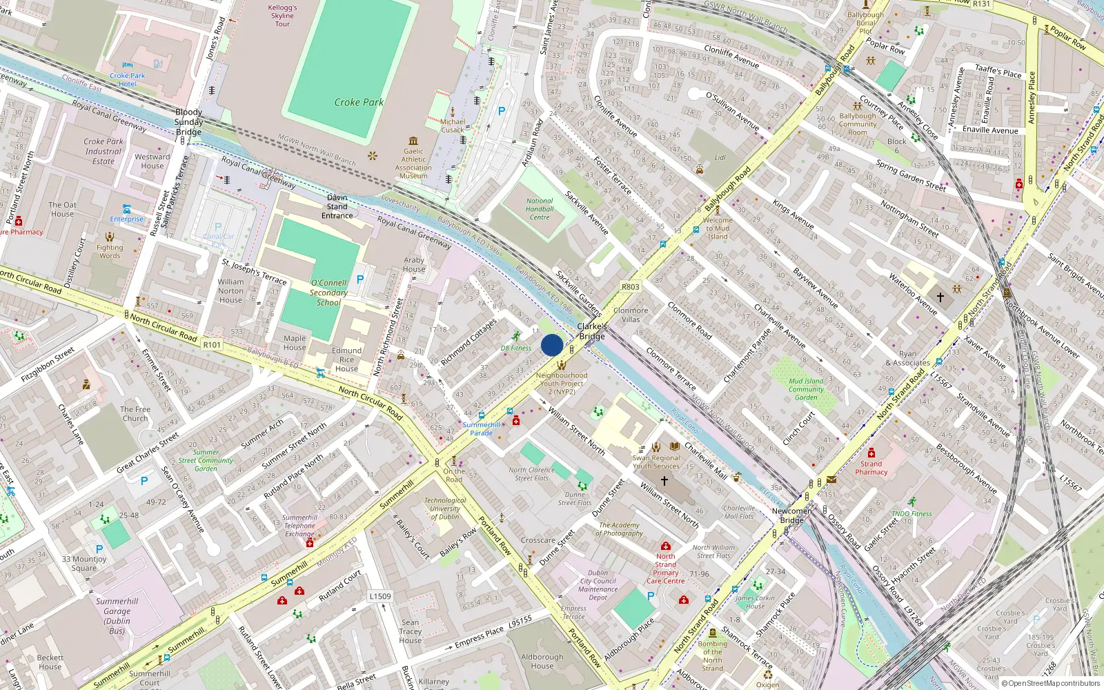 Overhead map showing the location of 26 Summerhill Parade, Dublin