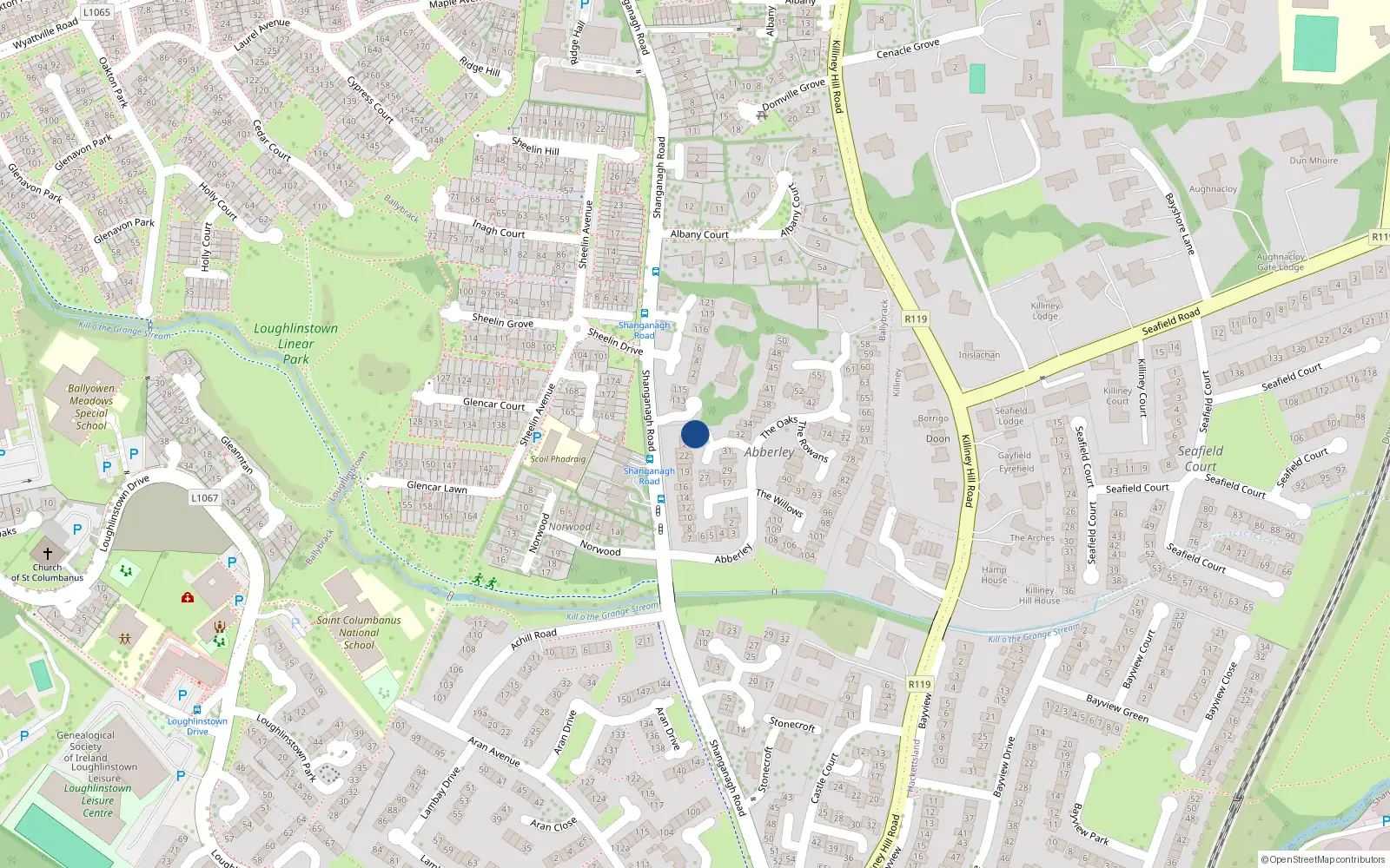 Overhead map showing the location of 26 The Beeches, Killiney
