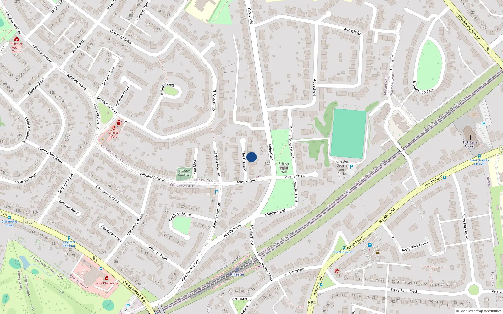 Overhead map showing the location of 26 The Orchard, Dublin 5