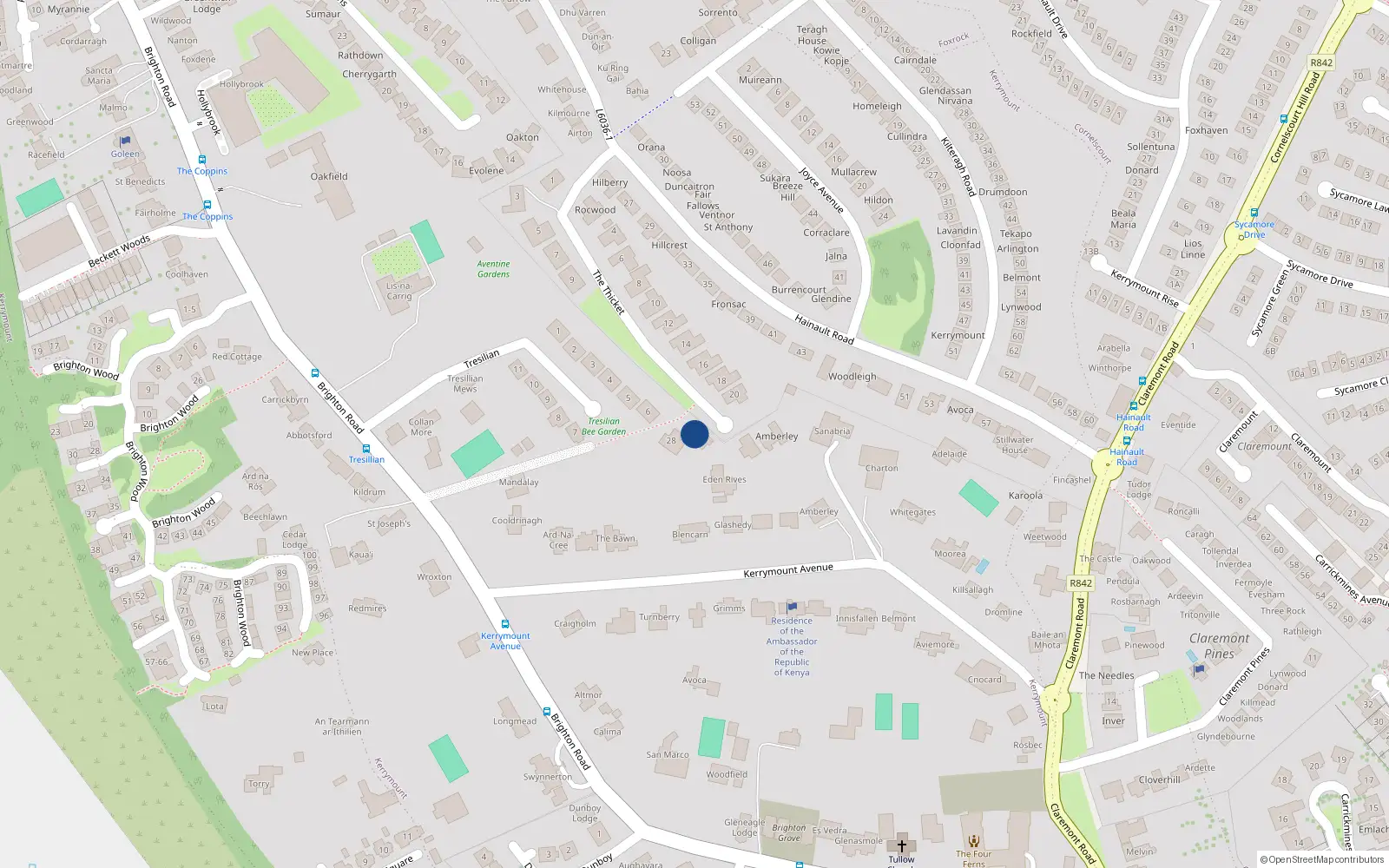 Overhead map showing the location of 26 The Thicket, Dublin 18