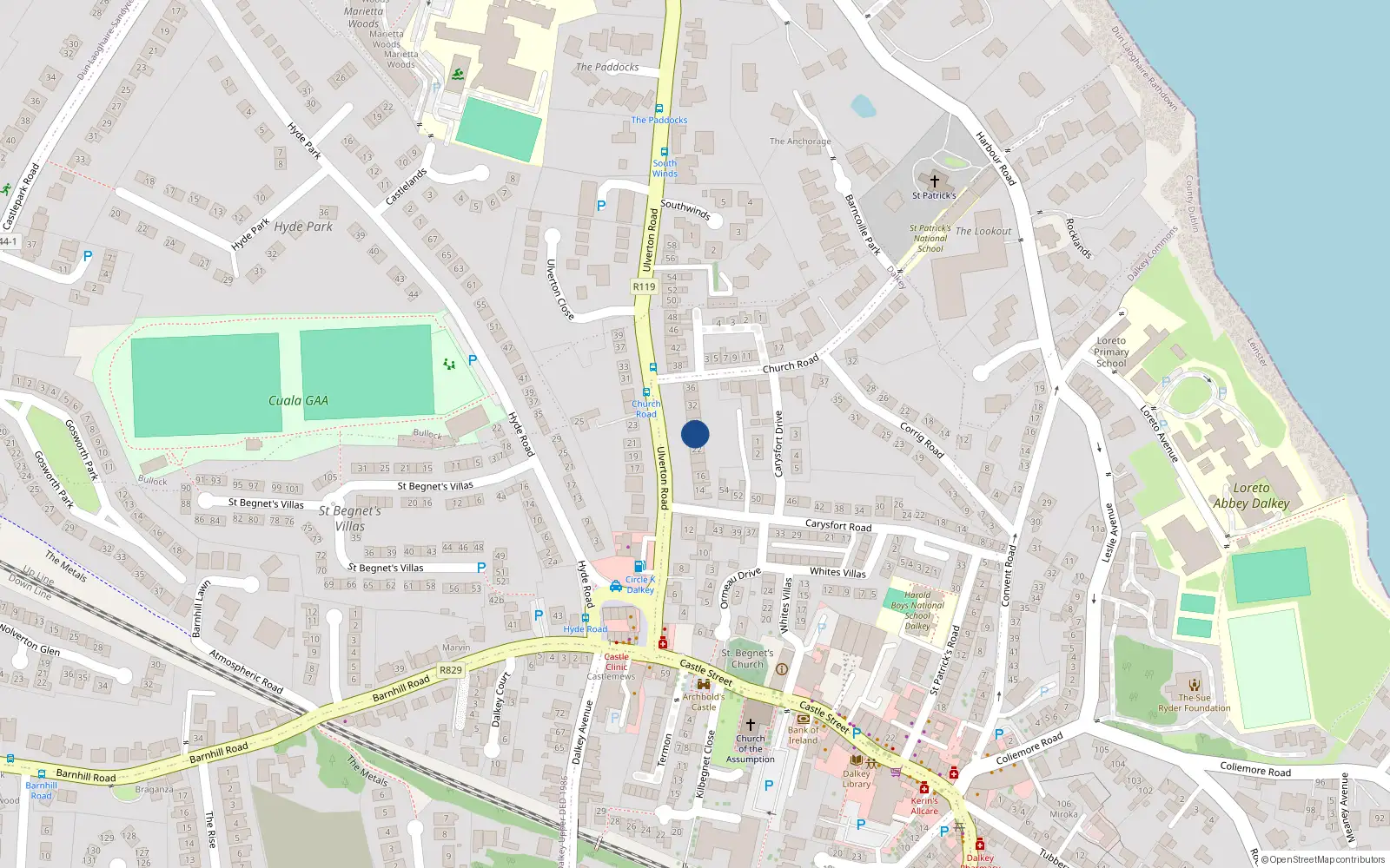 Overhead map showing the location of 26 Ulverton Road, Dalkey, Dublin