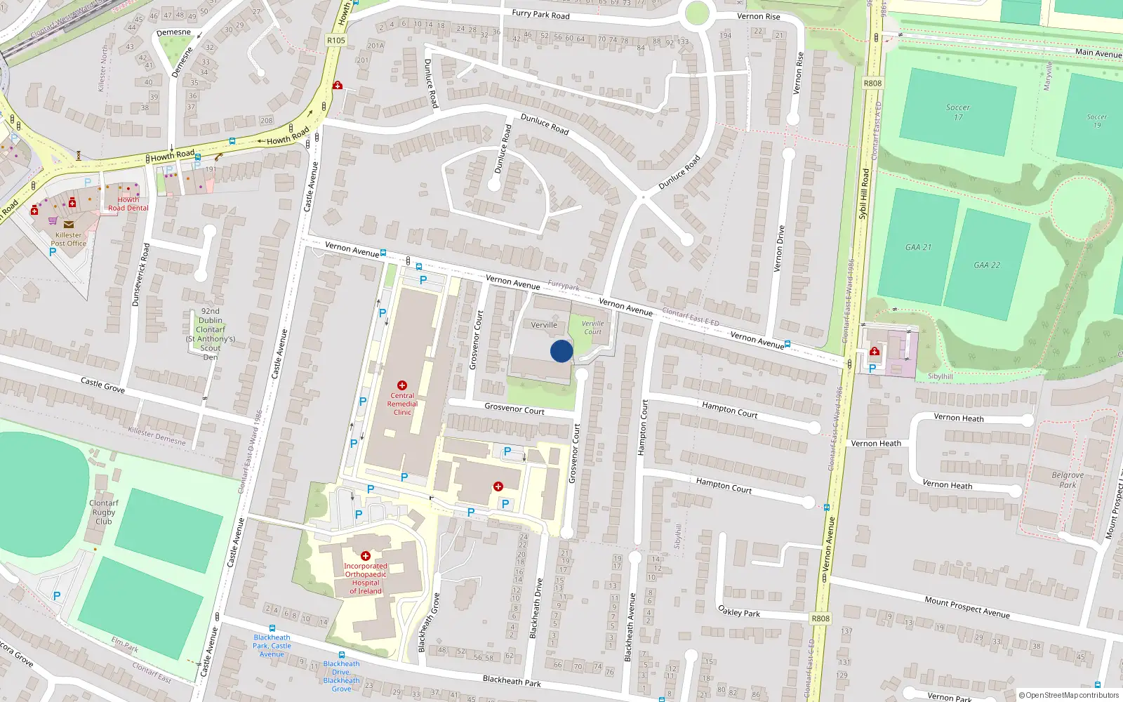 Overhead map showing the location of 26 Vernon Avenue, Clontarf, Dublin 3