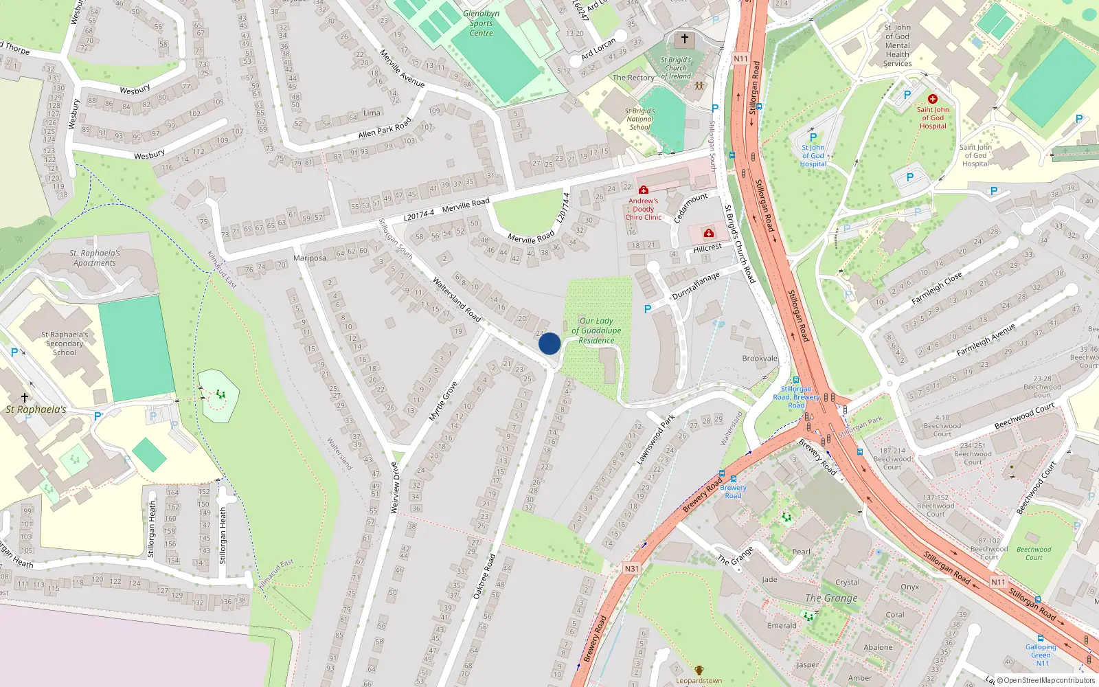 Overhead map showing the location of 26 Waltersland Road, Stillorgan, Dublin
