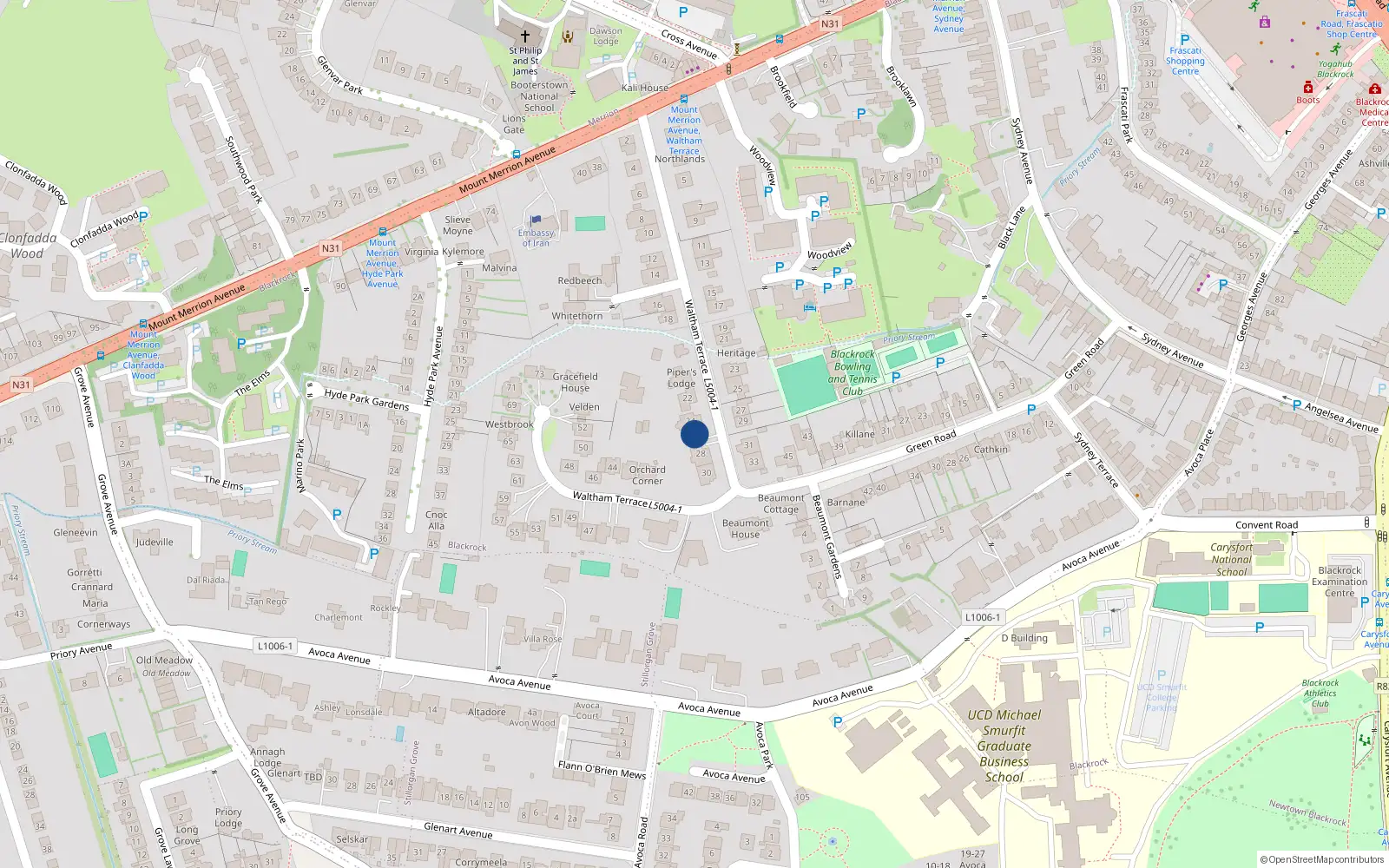 Overhead map showing the location of 26 Waltham Terrace, Blackrock