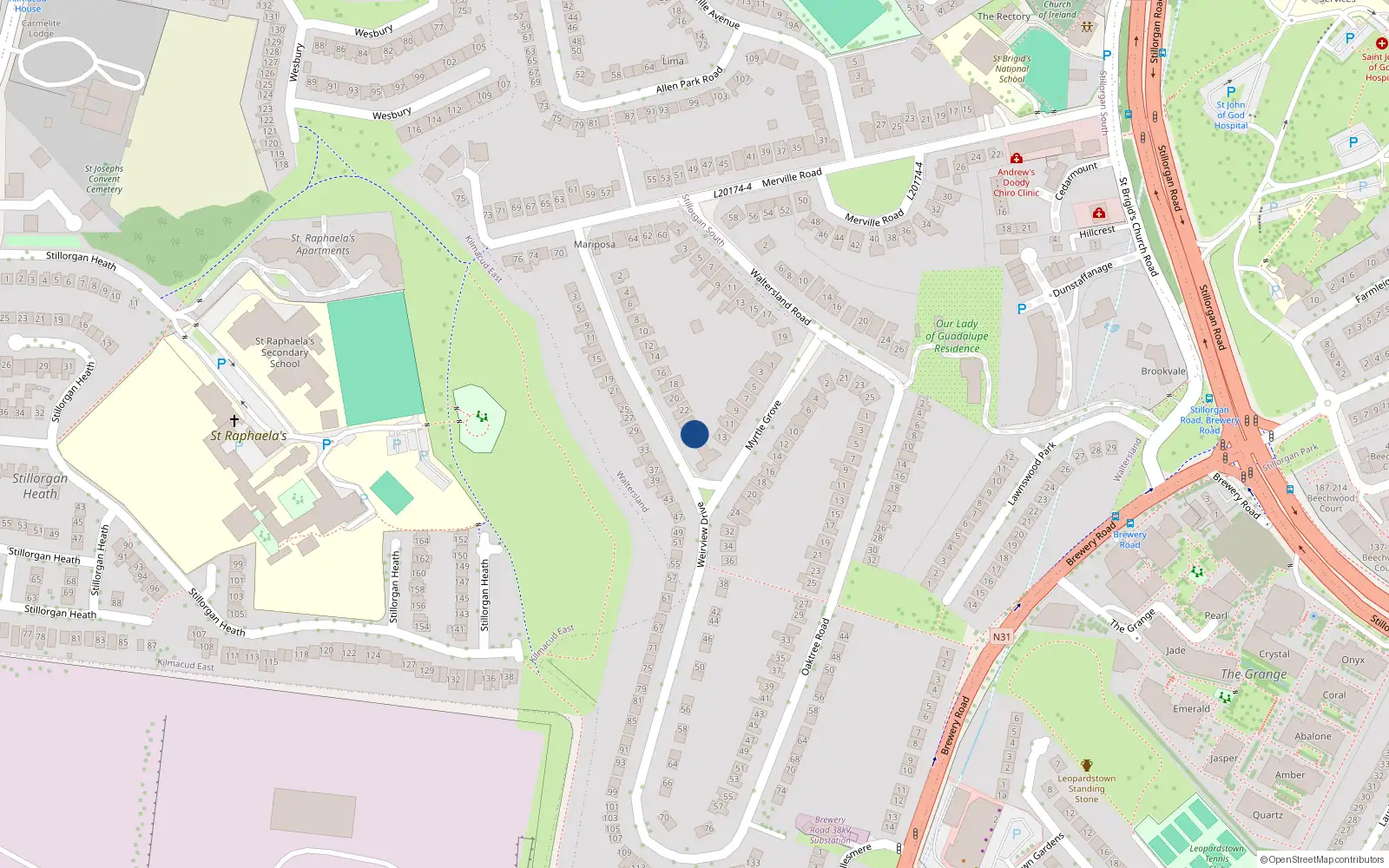 Overhead map showing the location of 26 Wierview Drive, Stillorgan, Dublin