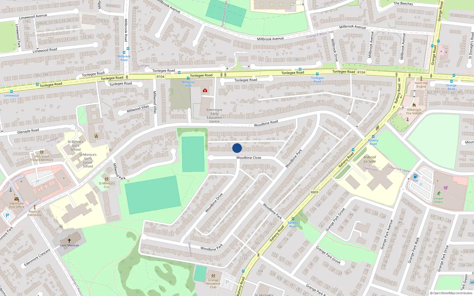 Overhead map showing the location of 26 Woodbine Close, Dublin 5