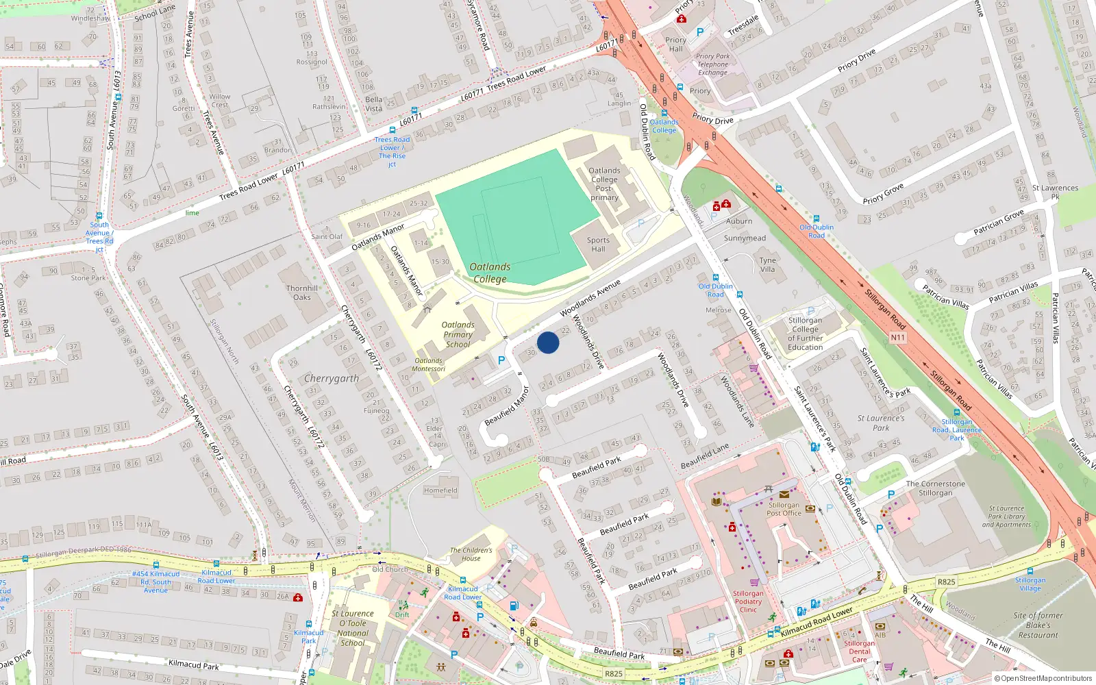 Overhead map showing the location of 26 Woodlands Avenue, Stillorgan, Dublin