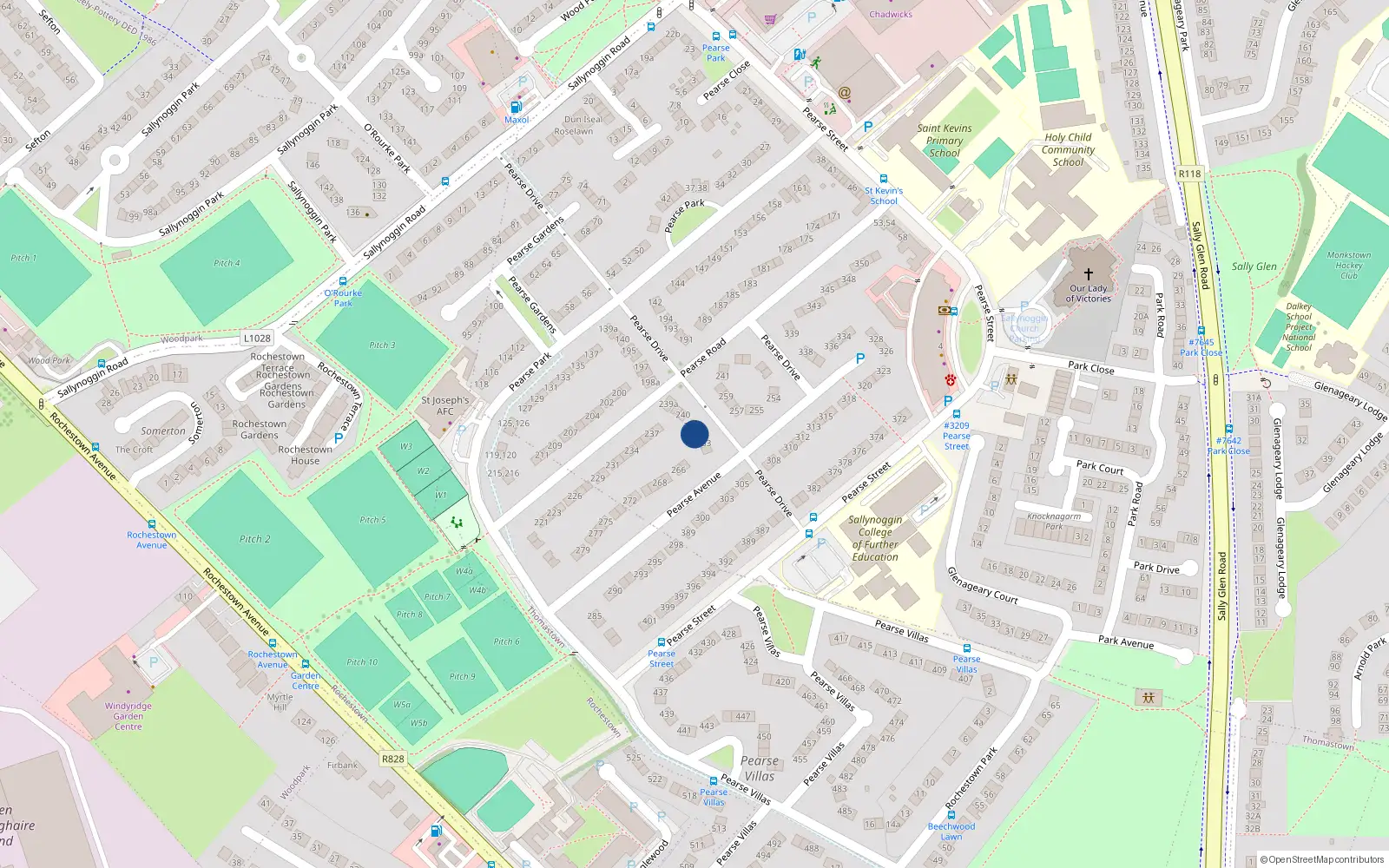 Overhead map showing the location of 261 Pearse Drive, Sallynoggin