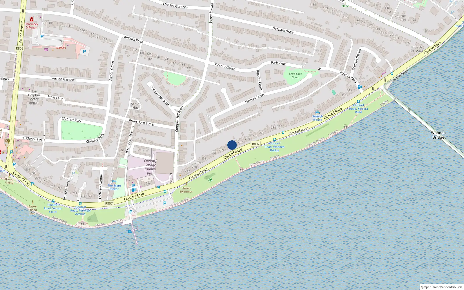 Overhead map showing the location of 264 Clontarf Road, Clontarf, Dublin 3