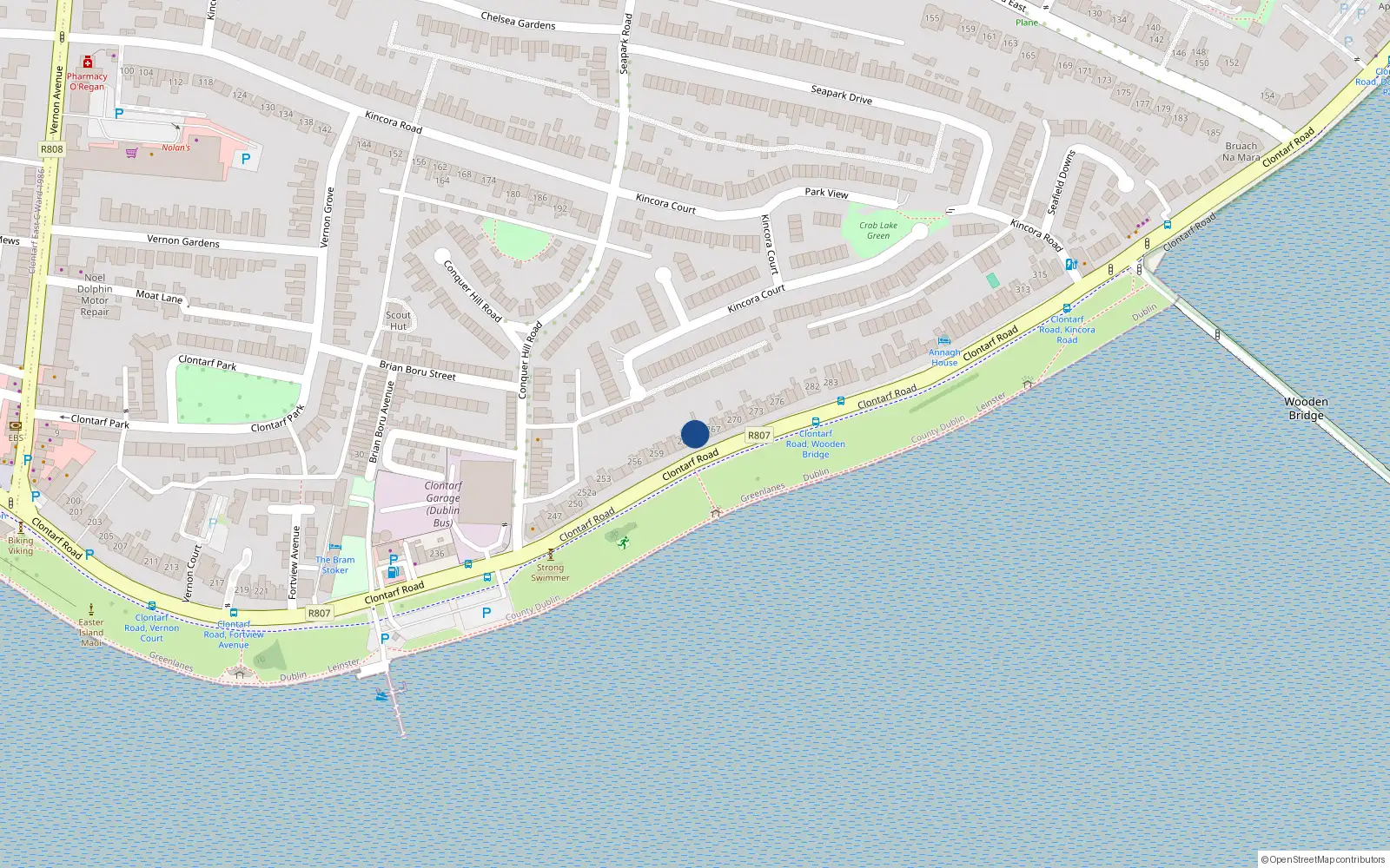 Overhead map showing the location of 265 Clontarf Road, Clontarf, Dublin 3