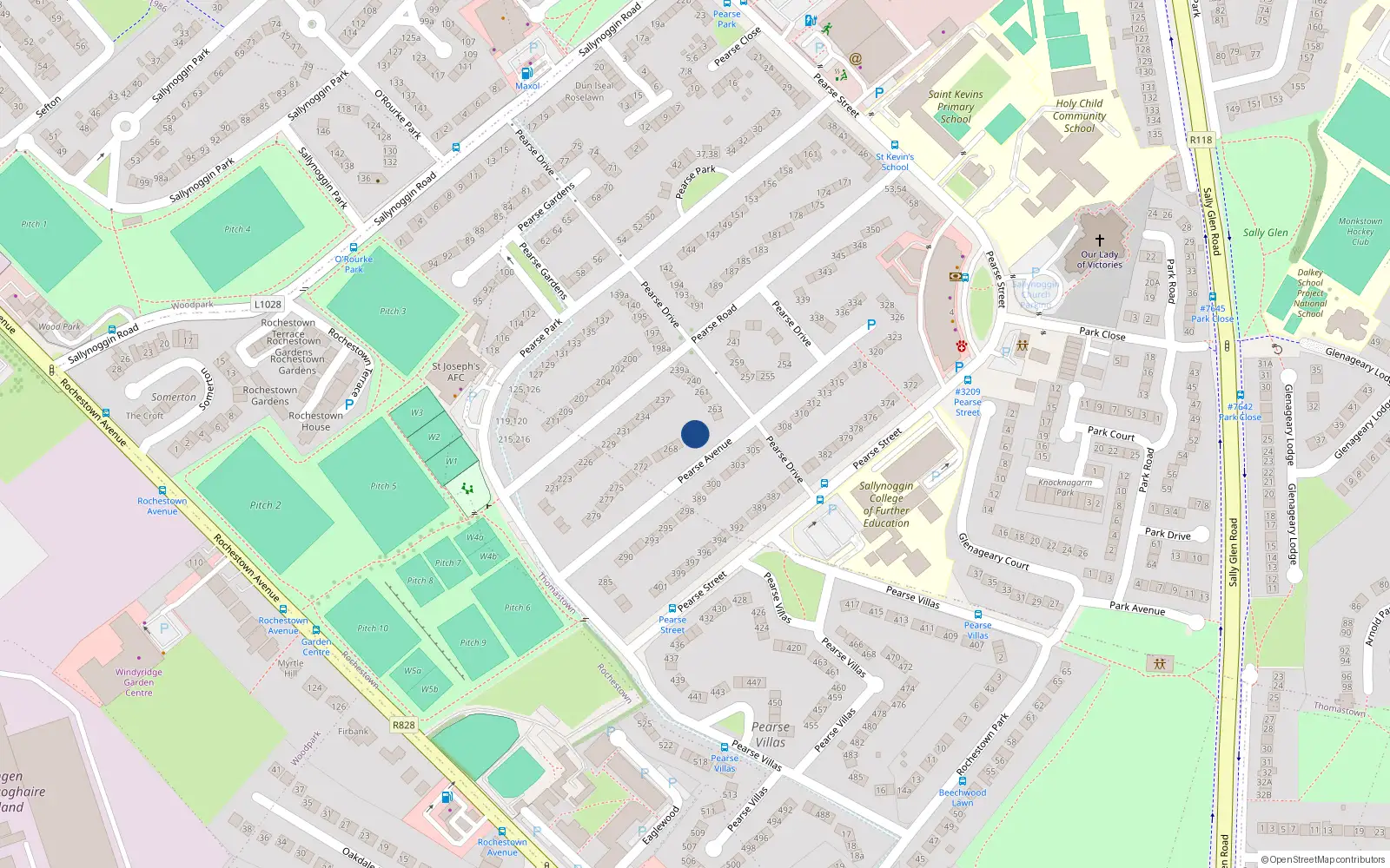 Overhead map showing the location of 265 Pearse Avenue, Sallynoggin, Dublin