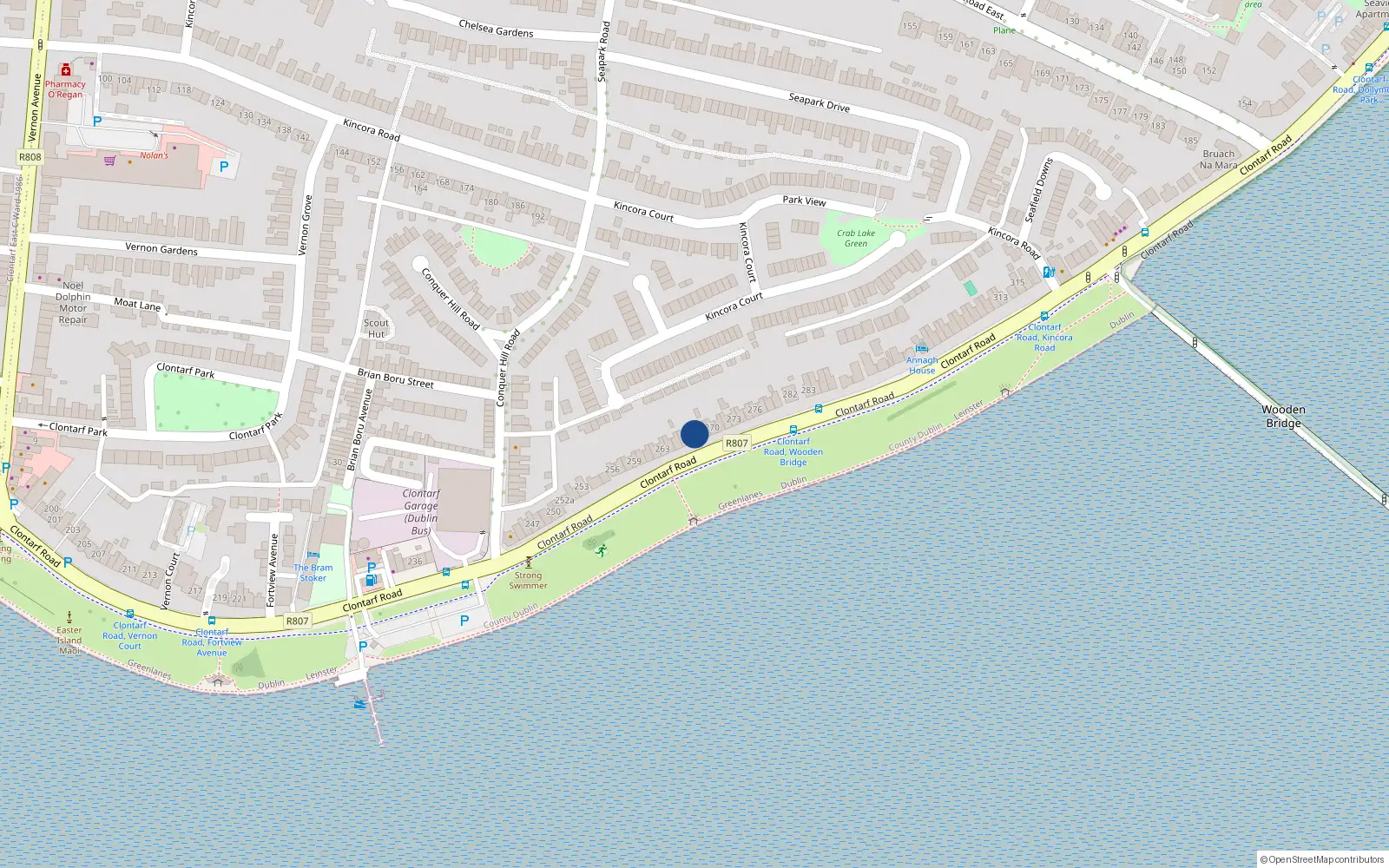 Overhead map showing the location of 268 Clontarf Road, Clontarf, Dublin 3