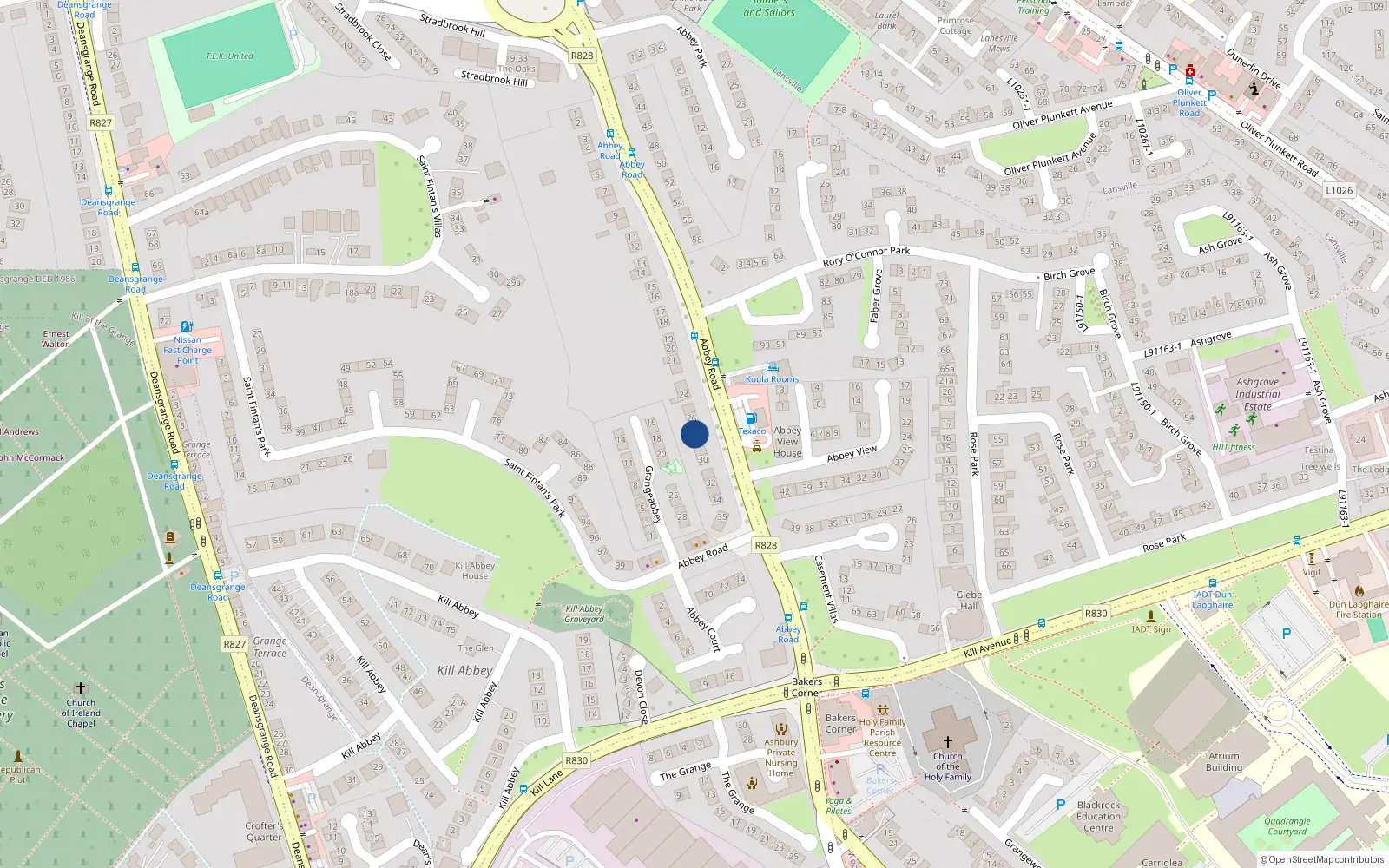 Overhead map showing the location of 27 Abbey Road, Kill O the Grange, Blackrock