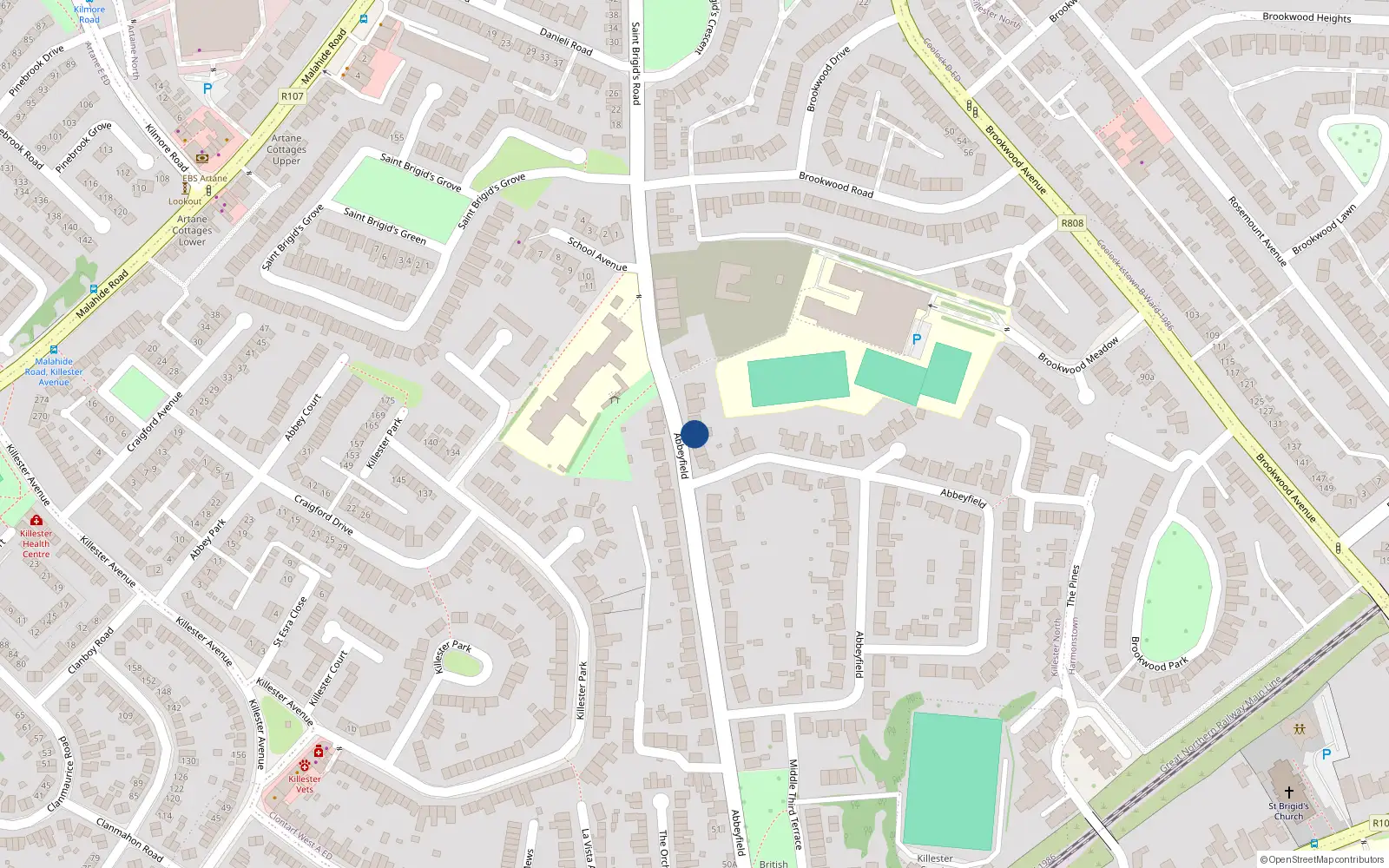Overhead map showing the location of 27 Abbeyfield, Killester, Dublin 15