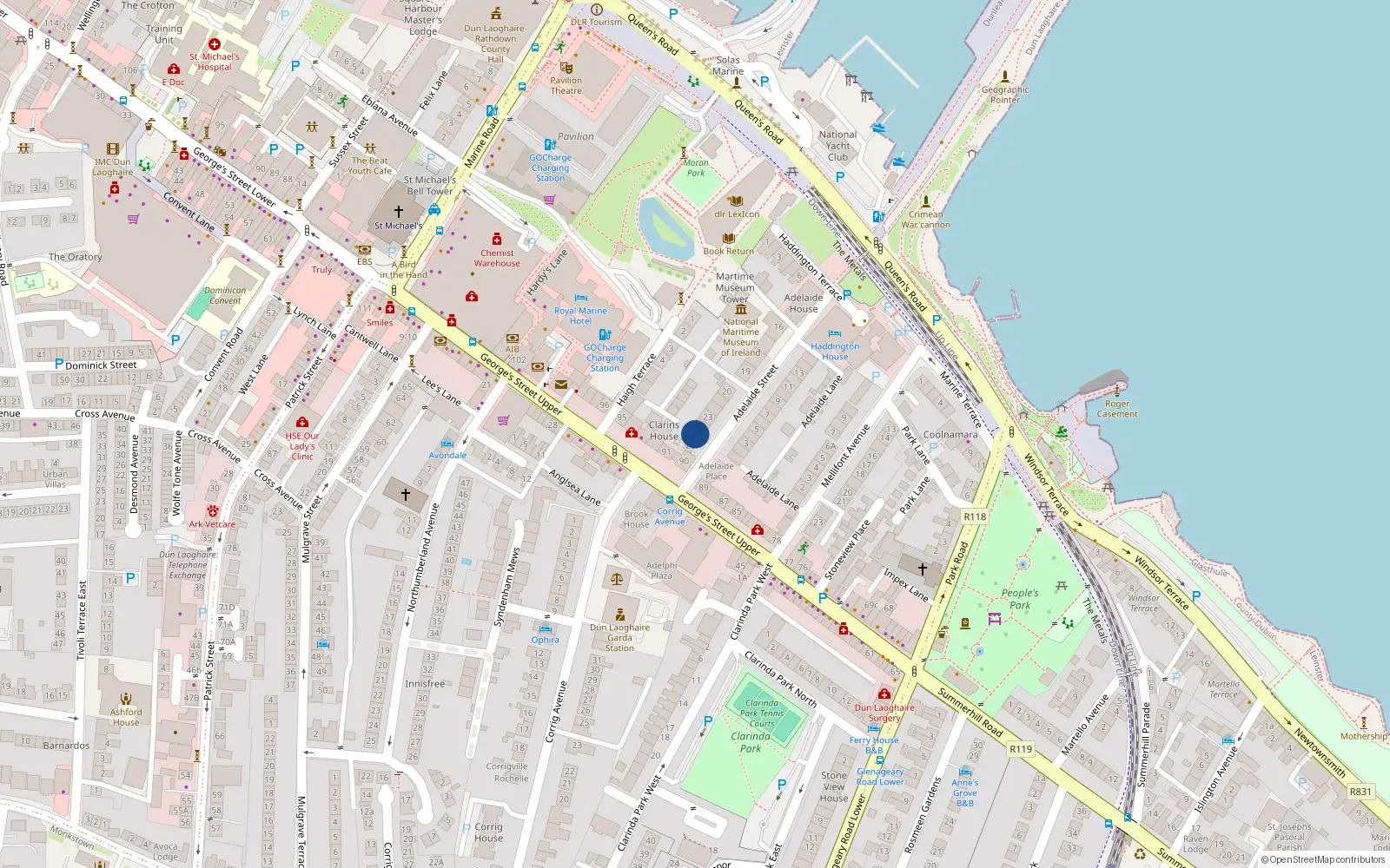 Overhead map showing the location of 27 Adelaide Street, Dublin