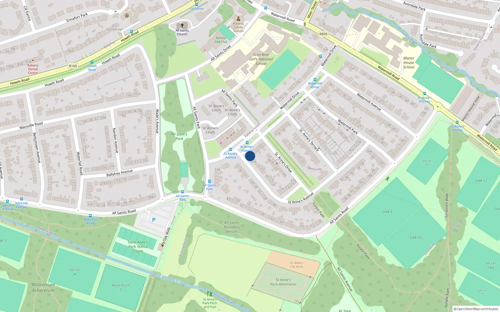 Overhead map showing the location of 27 All Saints Park, Raheny, Dublin 5