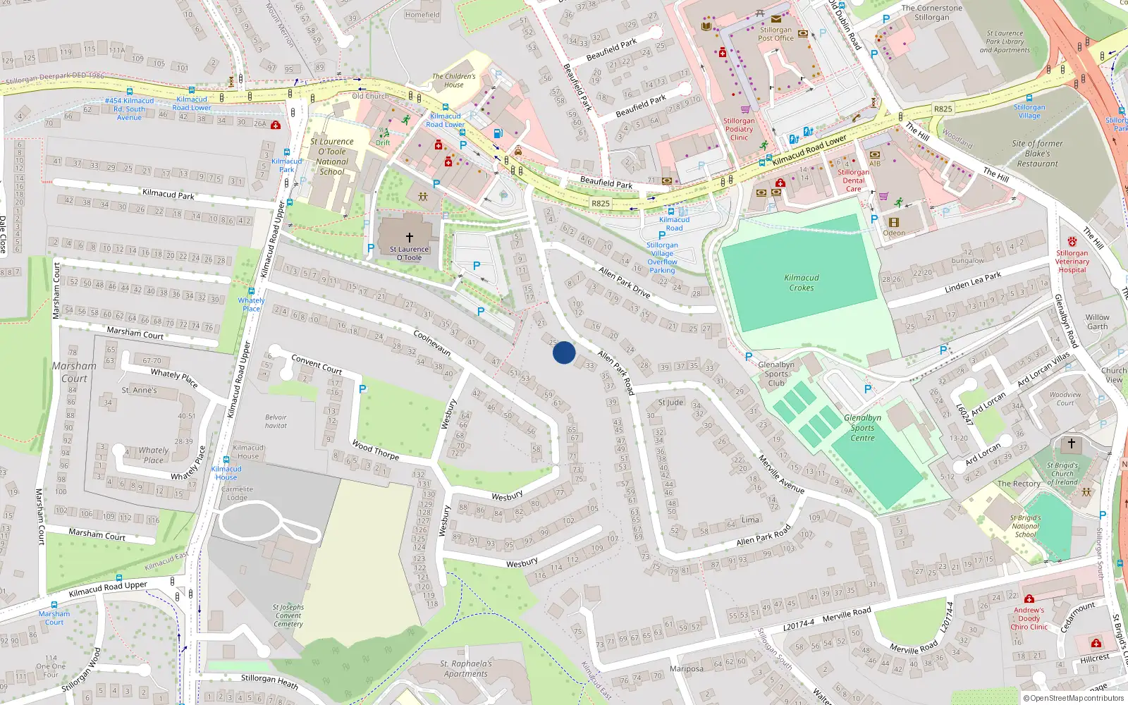 Overhead map showing the location of 27 Allen Park Road, Stillorgan, Dublin